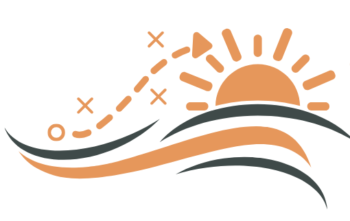 Stylized illustration of a sunset over waves with abstract design elements.