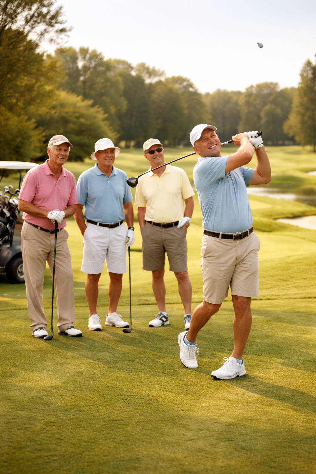 A group of four older men playing golf on a sunny day, with one man swinging a golf club in the foreground and the other three watching, on a lush green golf course with trees in the background.
