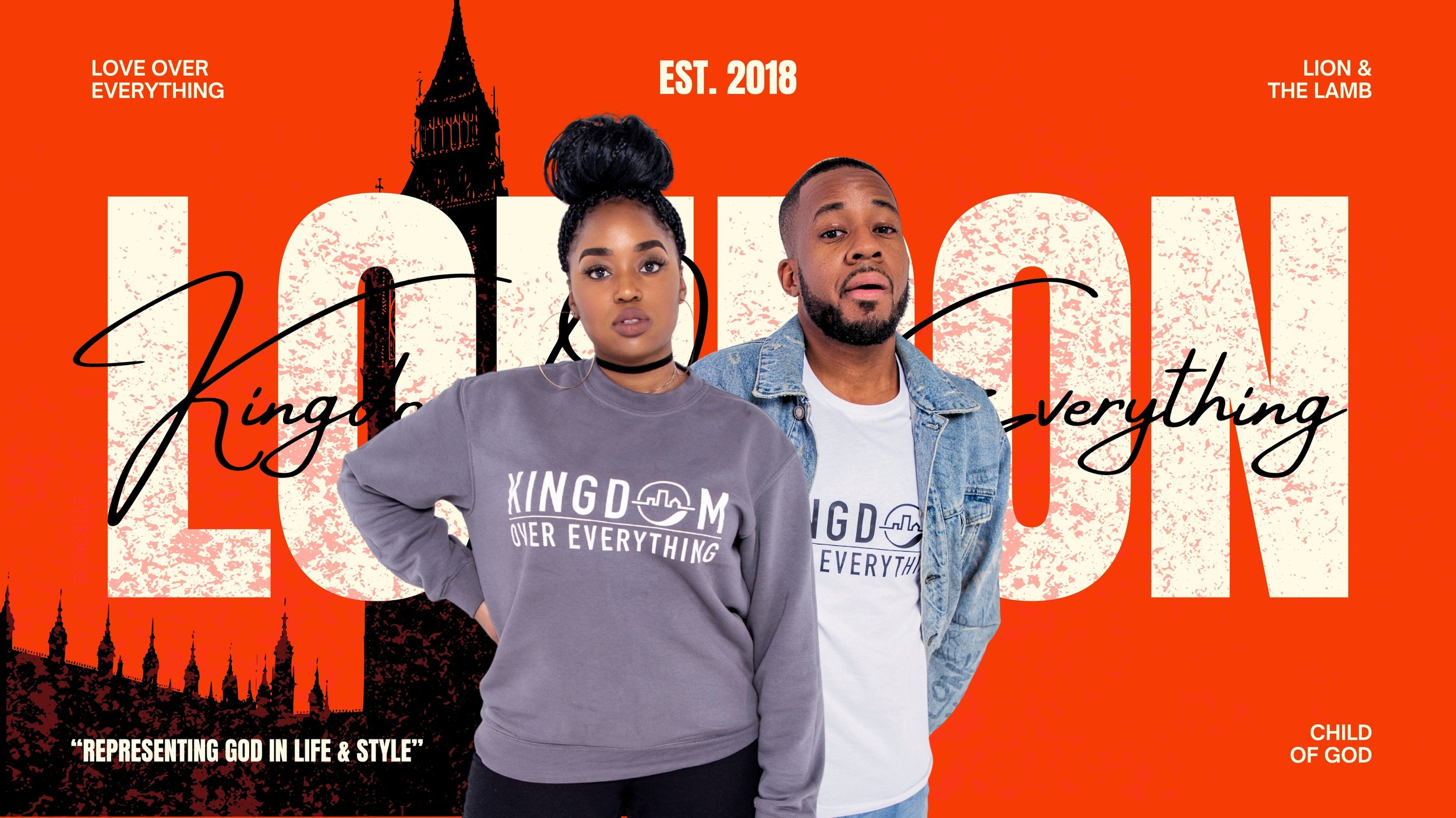 Two young adults, a woman and a man, standing in front of a red background with text that reads "LOVE OVER EVERYTHING," "EST. 2018," and "LION & THE LAMB." They are wearing sweatshirts with the phrase "KINGDOM OVER EVERYTHING." The woman has braided hair in an updo and the man has short hair and a beard.