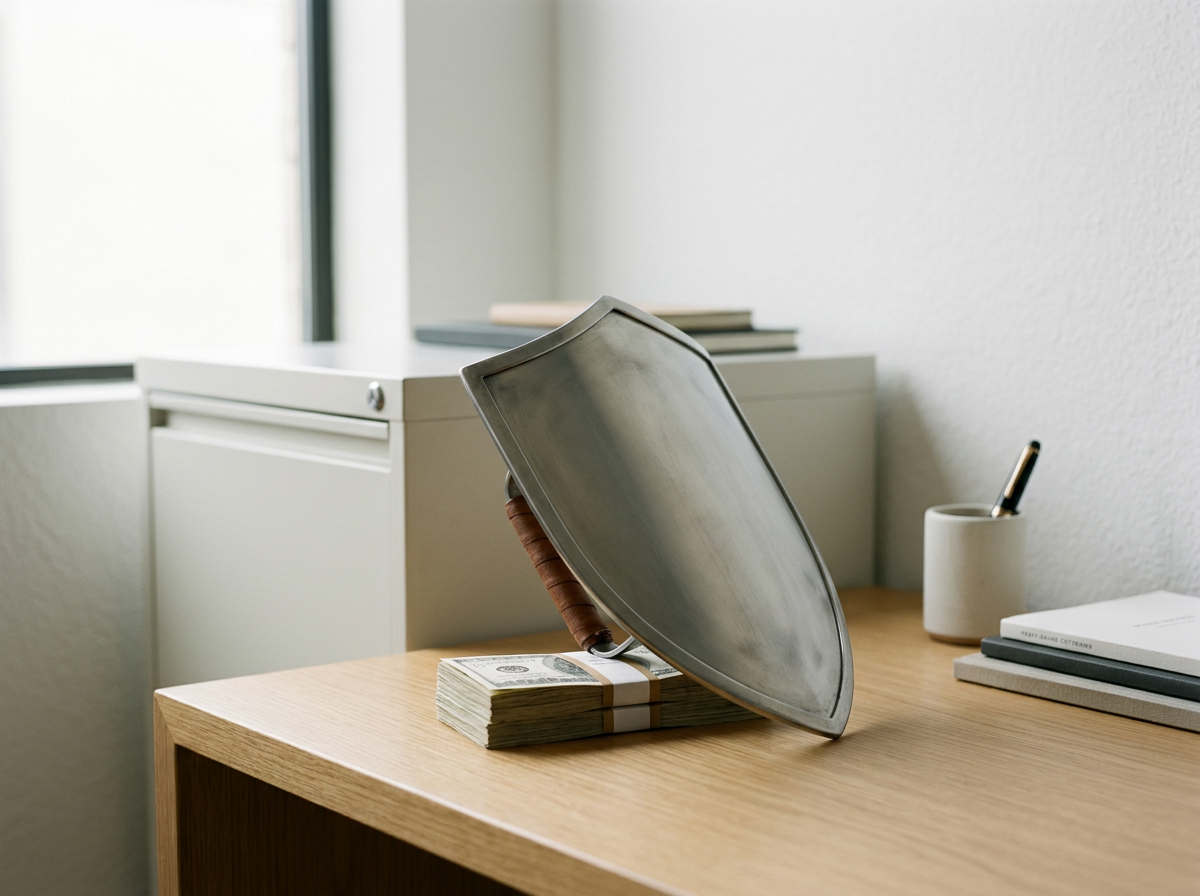 A large, shiny metal shield leaning against a stack of money on a wooden desk in an office setting.