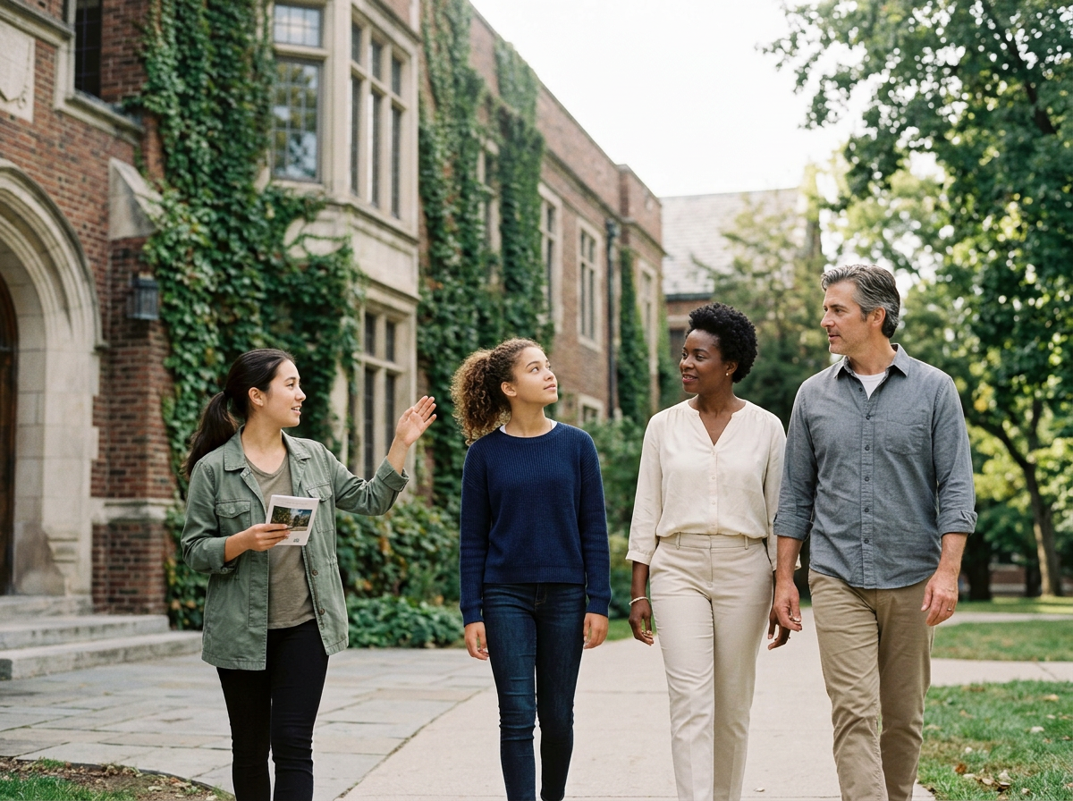 Four people walking and talking outdoors on a college campus, with brick buildings and greenery in the background.