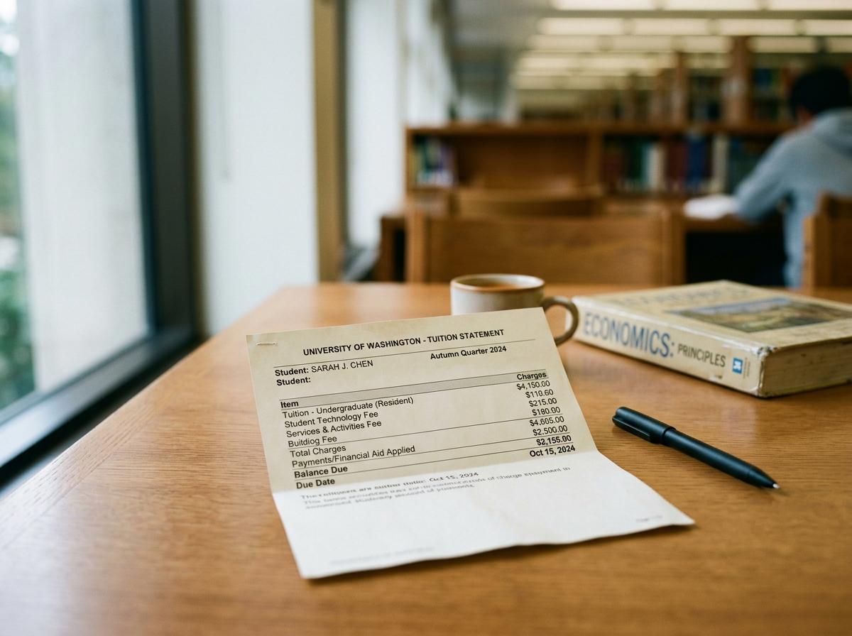 University of Washington tuition statement on a wooden table with a coffee mug, a book titled 'Economics: Principles', and a black pen in a library setting.