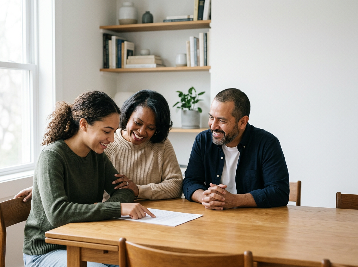 A family of three sitting at a wooden table, smiling and looking at a document or paper together in a bright room with bookshelves and a window.