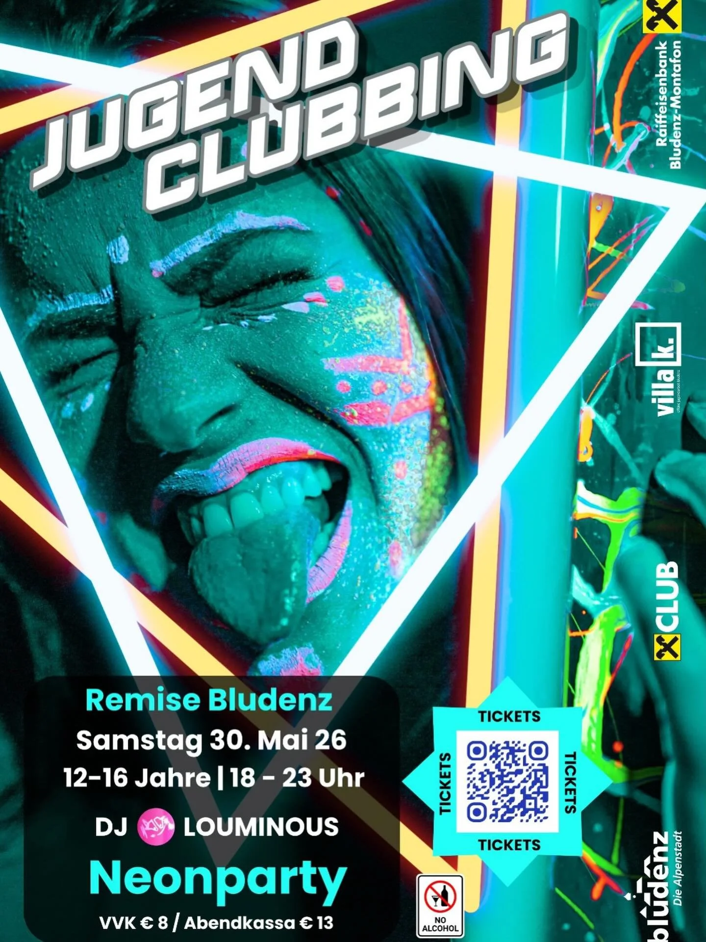 Das Jugend-Clubbing geht in die n&auml;chste Runde! 🎉

Am 30. Mai wird die Remise Bludenz wieder zur leuchtenden Partyzone ✨
Freut euch auf eine energiegeladene Neonparty mit starken Beats und einzigartiger Stimmung!

🕕 18:00 &ndash; 23:00 Uhr
👥 1