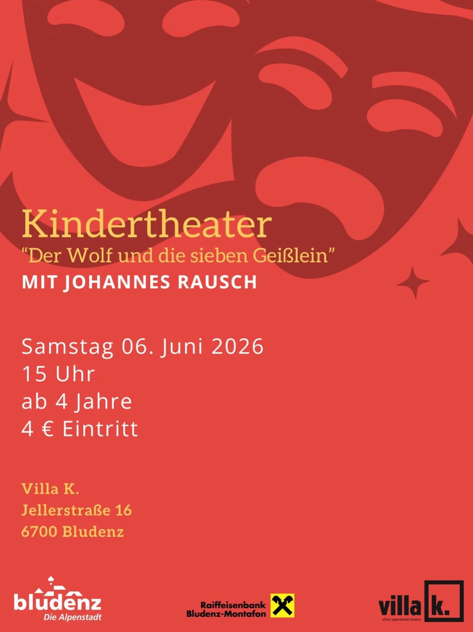 Vorsicht, der Wolf kommt - ein spannendes Abenteuer mit den sieben Gei&szlig;lein! 🐺

Am Samstag, den 06. Juni 2026, erwartet euch in der Villa K. ein spannendes und lustiges Theaterabenteuer mit dem beliebten M&auml;rchen &bdquo;Der Wolf und die si