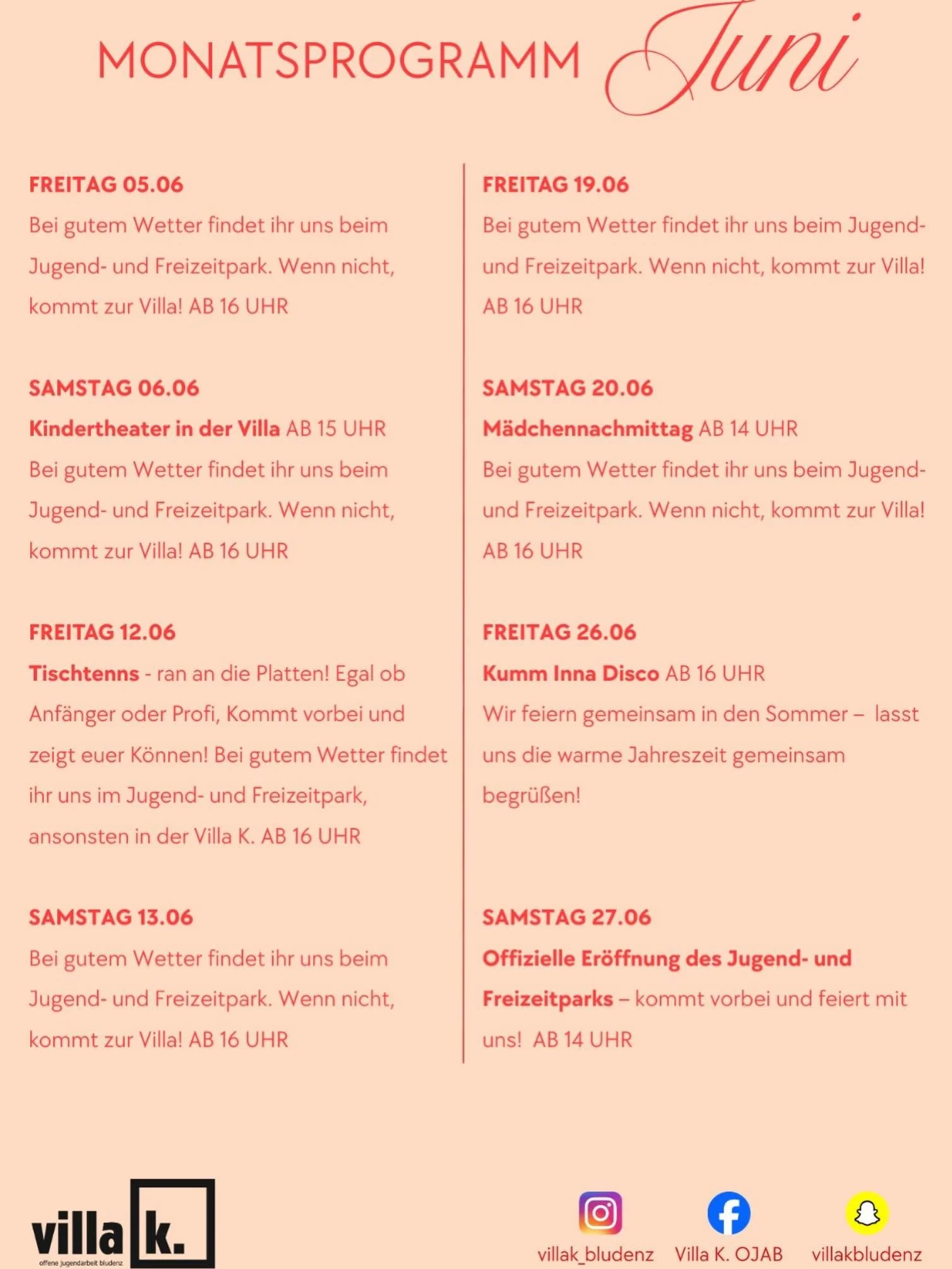 ☀️ Monatsprogramm Juni ☀️

Der Sommer steht vor der T&uuml;r und wir haben wieder ein abwechslungsreiches Programm f&uuml;r euch vorbereitet!

Freut euch auf spannende Aktionen im Jugend- und Freizeitpark, Kindertheater, einen M&auml;dchennachmittag 