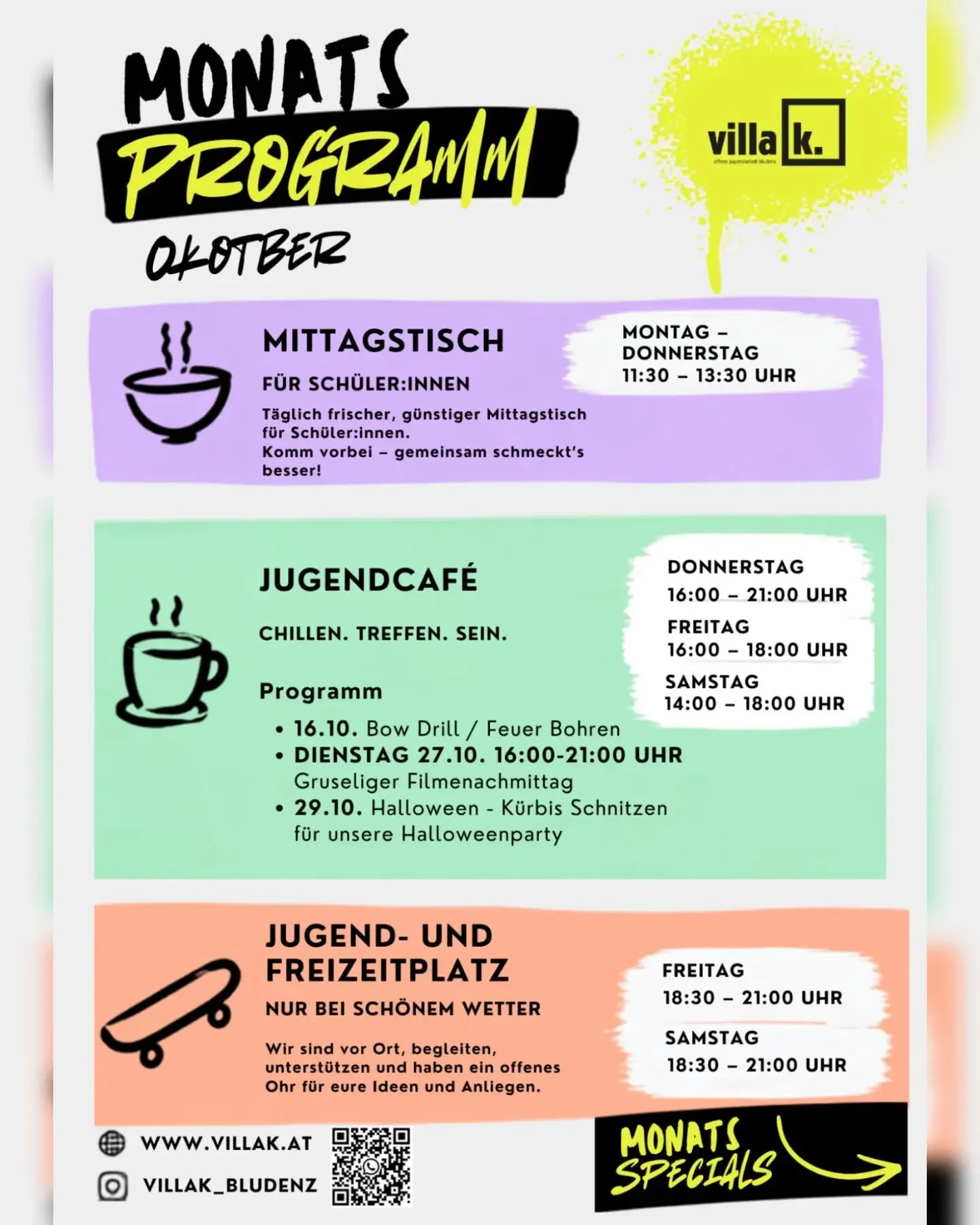 Unser Monatsprogramm f&uuml;r OKTOBER ist da! 🍁

Von Jugendcaf&egrave;, Jugend- &amp; Freizeitplatz, Scooter Contest, Jugendclubbing bis hin zur Halloweenparty ist alles dabei - sei auch DU dabei!🎃🎉

#monatsprogramm #halloween  #jugendcaf&eacute; 