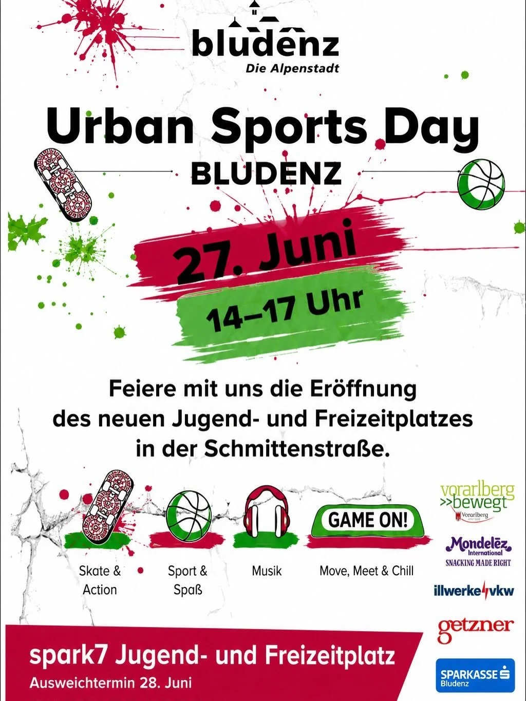 Morgen ist es so weit: Urban Sports Day Bludenz am neuen spark7 Jugend- und Freizeitplatz in der Schmittenstra&szlig;e. 🙌🏼🛹

Von 14 bis 17 Uhr erwartet euch ein abwechslungsreiches Programm f&uuml;r Jung und Alt: Basketball, Skateboard Jam, Graffi