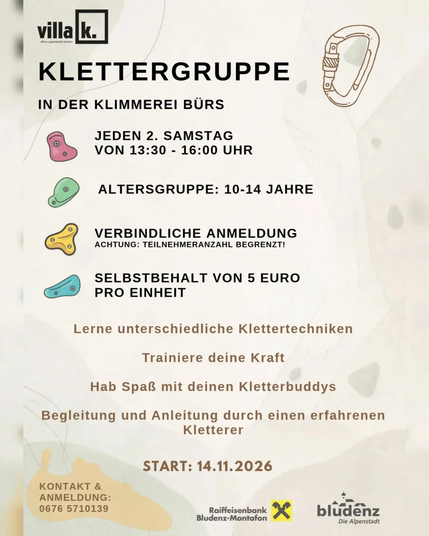 🧗&zwj;♀️ Lust auf Klettern? 🧗&zwj;♂️

Wir gr&uuml;nden eine Klettergruppe und es geht hoch hinaus! 💪 Gemeinsam neue Klettertechniken lernen, trainiere deine Kraft und hab jede Menge Spa&szlig; mit deinen Kletterbuddys!

📅 Start: 14.11.2026 
👧🧒 