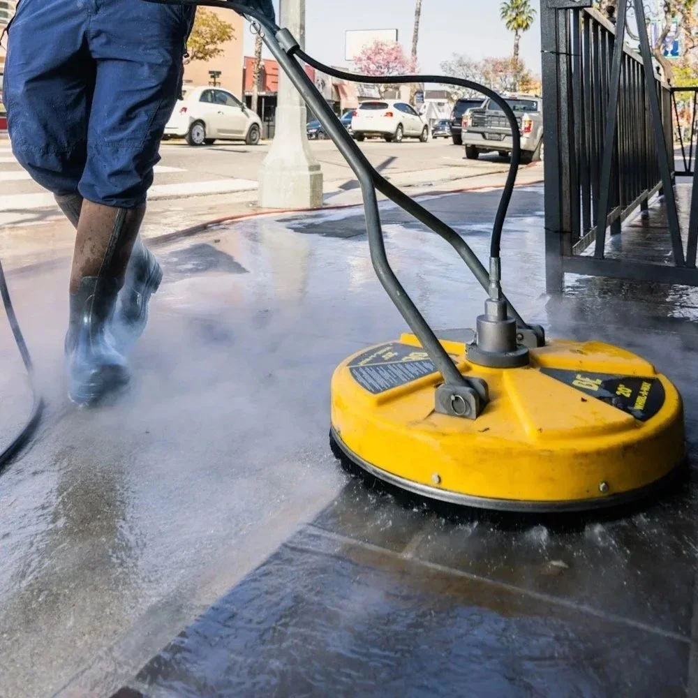Person power washing the sidewalk using a yellow pressure washing machine outdoors in a parking lot.