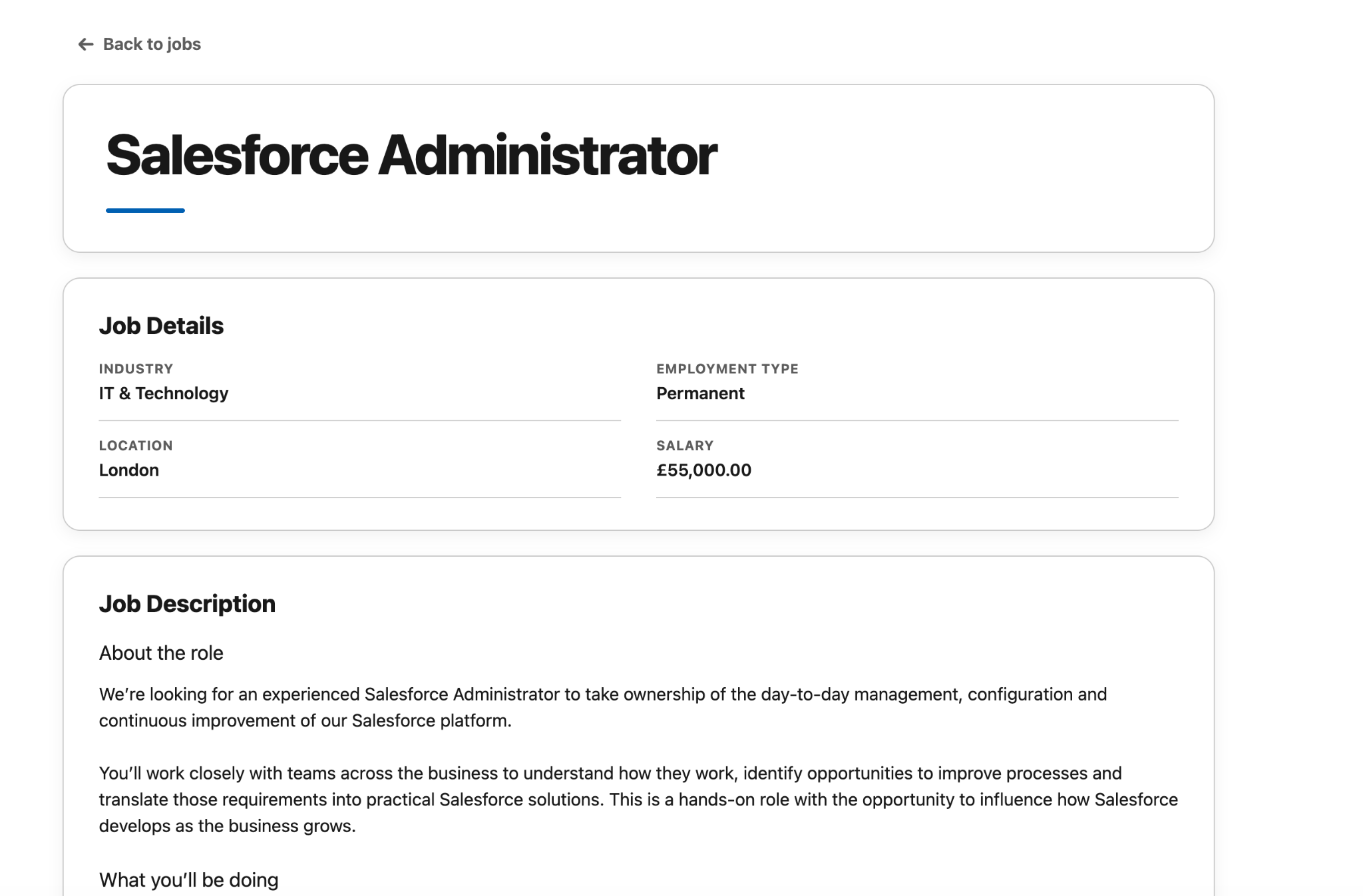 Actual OndaWorx Salesforce Administrator job detail page