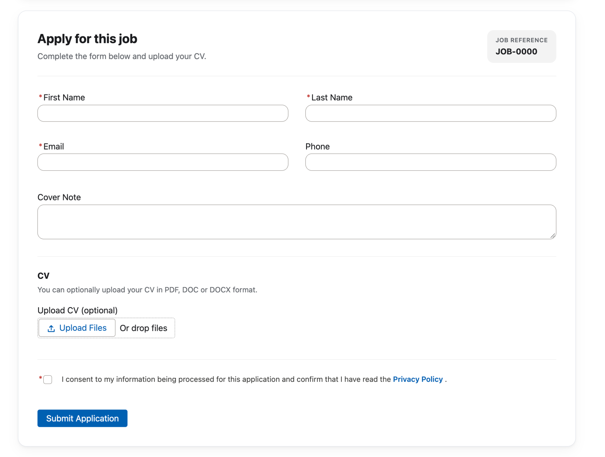 Actual OndaWorx online application form with CV upload