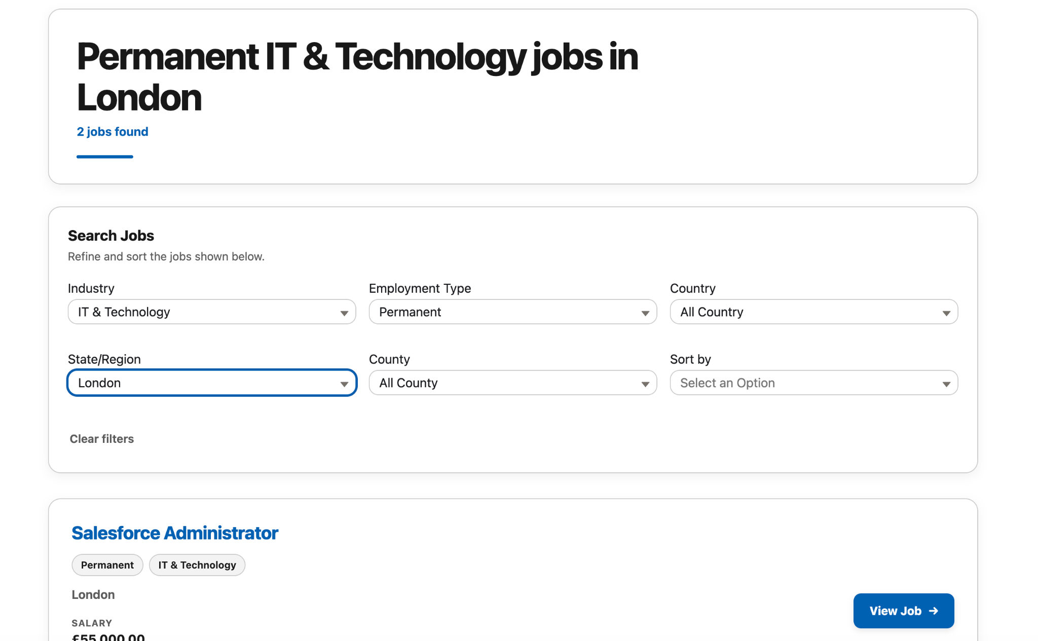 Actual OndaWorx job board with filters for IT and Technology jobs in London