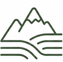 Minimalist line drawing of mountains and a river or road.