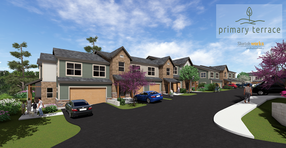 A digital rendering of a residential neighborhood with modern townhouses, green lawns, trees, and parked cars, with people walking on the sidewalk and in front of the houses, under a partly cloudy sky. In the top right corner, there is a logo for Primary Terrace, featuring a stylized tree and the text 'Primary Terrace'.