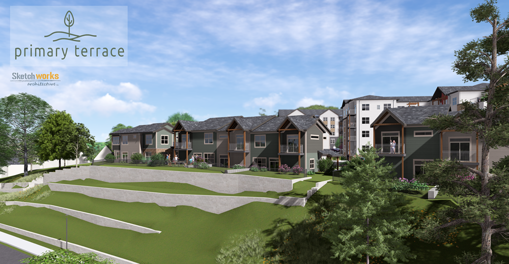 Rendering of a residential hillside development called Primary Terrace with modern houses, landscaped yards, and trees under a blue sky.