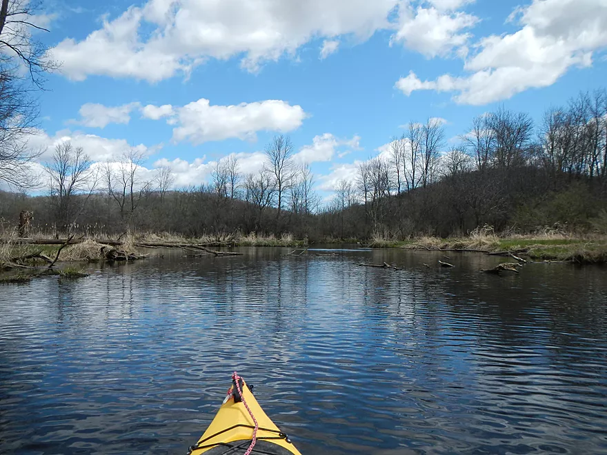 View from a yellow kayak on a river, with trees and a cloudy sky in the background.