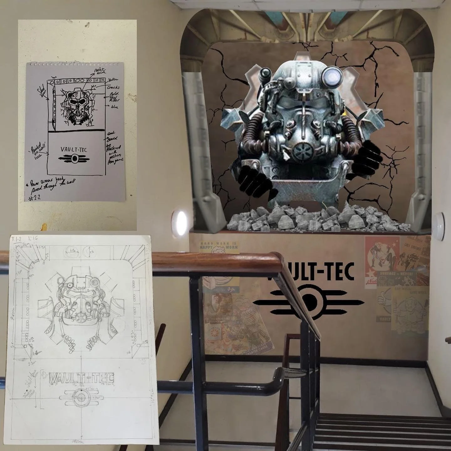 before &amp; after. 
design for a t-60 power armour display from the game &lsquo; fallout 4 &lsquo;
commissioned by northbrook games. 

made by @_elloiserobertson_ , @vostok_props &amp; myself.