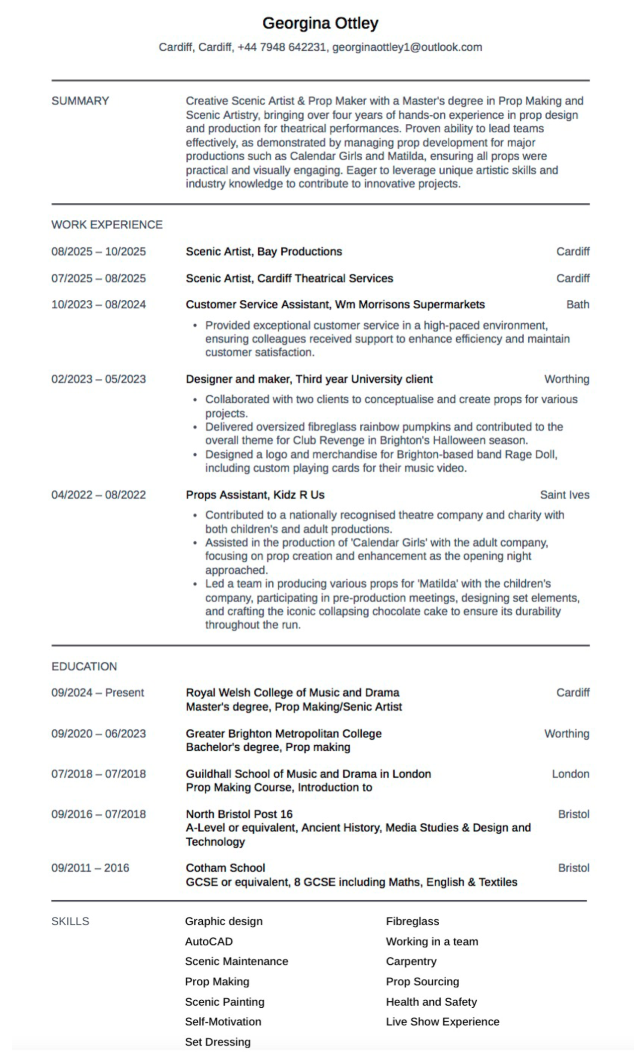 A detailed resume or CV of Georgina Ottley, featuring sections such as Summary, Work Experience, Education, Skills, and Industry Knowledge, with contact information at the top.