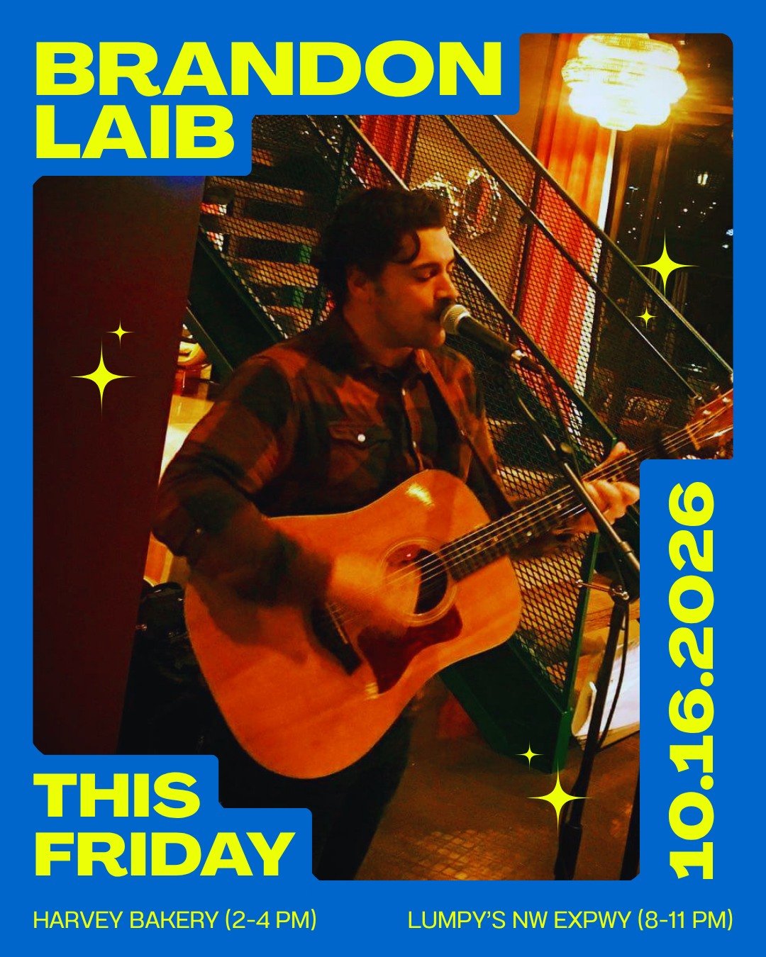 Two shows this Friday!

I'll be playing at Harvey Bakery from 4&ndash;6 PM, then heading over to Lumpy's on Northwest Expressway from 8&ndash;11 PM.Hope to see you at one (or both)!