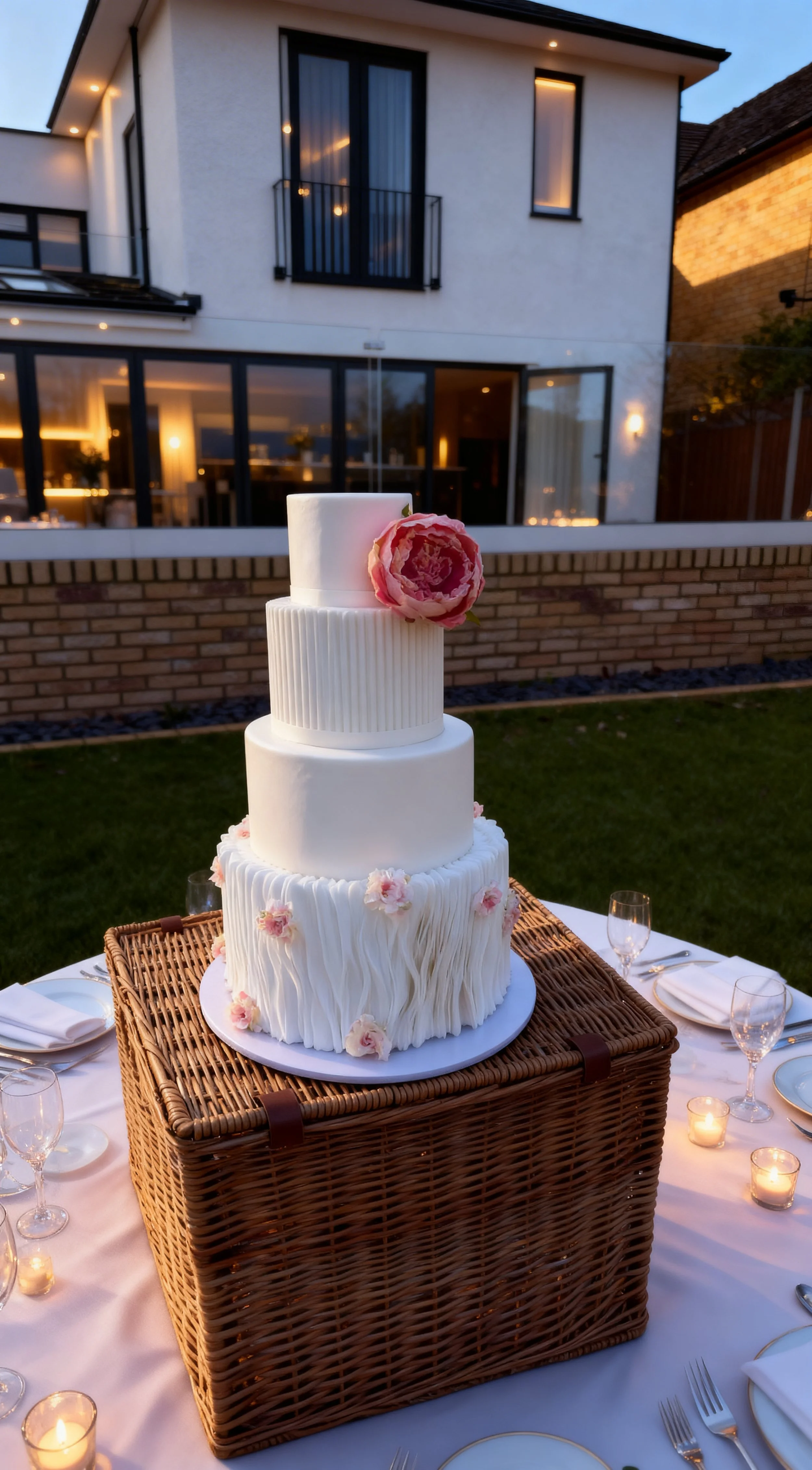 Elegant white wedding cake with pink flowers on top and textured ruffled designs on the sides, placed on a wicker pedestal on a decorated table outdoors at dusk.