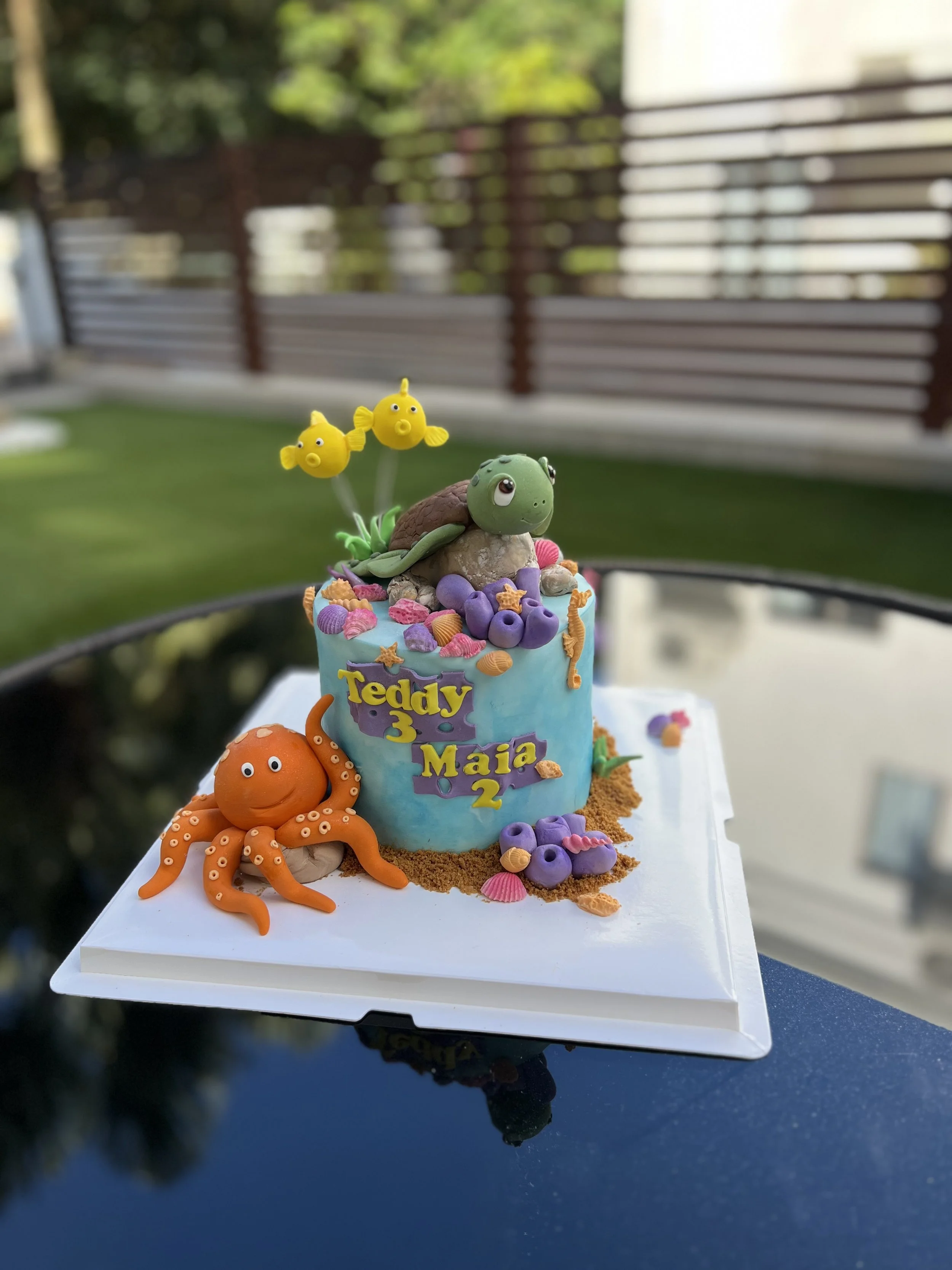 Colorful under-the-sea themed birthday cake with a turtle, octopus, and fish fondant decorations, featuring a message with names and ages, on a white cake board outdoors.