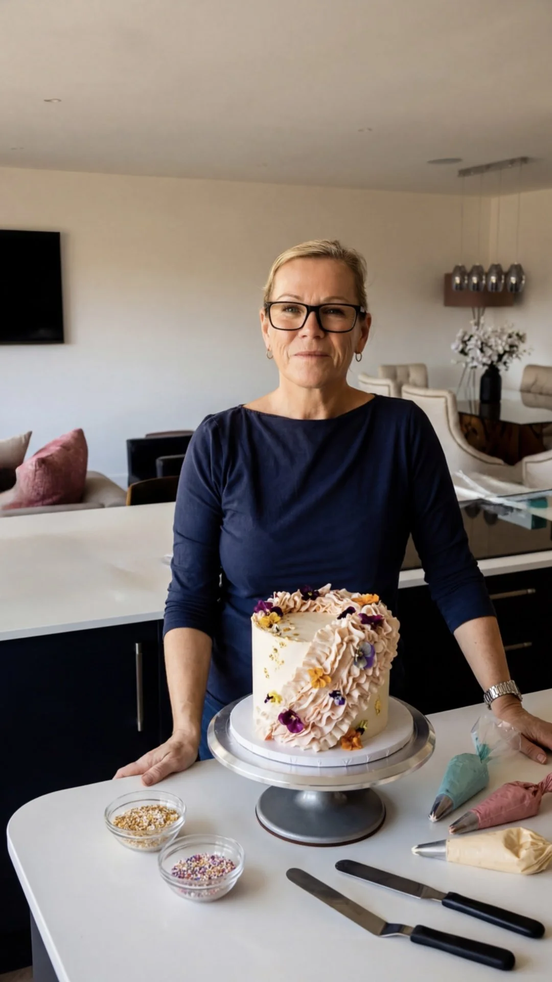 Tracy standing behind a decorated cake on a cake stand, surrounded by frosting tools and bowls of sprinkles in a modern kitchen.