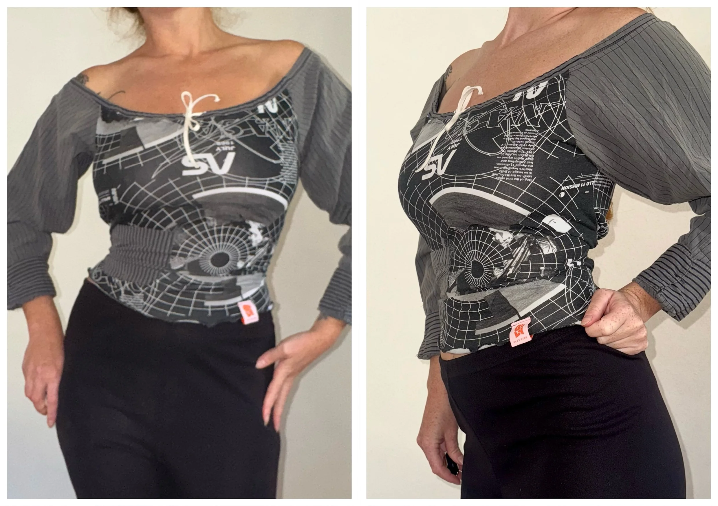 Une femme portant un haut à motifs futuristes noirs et gris avec un col à lacet blanc, et un pantalon noir, photographiée de face et de profil.