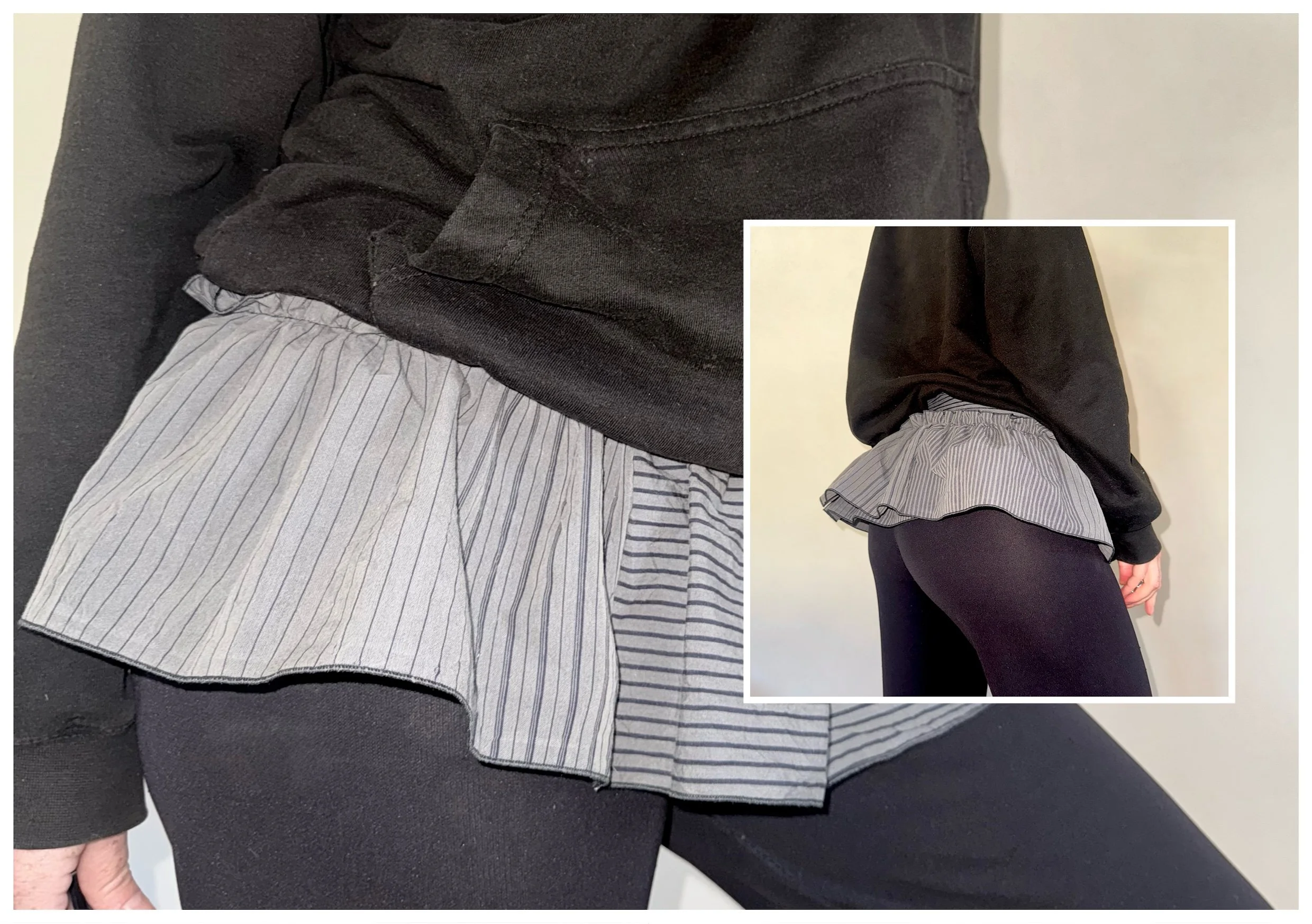 Femme portant un pull noir, une jupe à rayures noires et blanches et un pantalon noir, vue de côté.