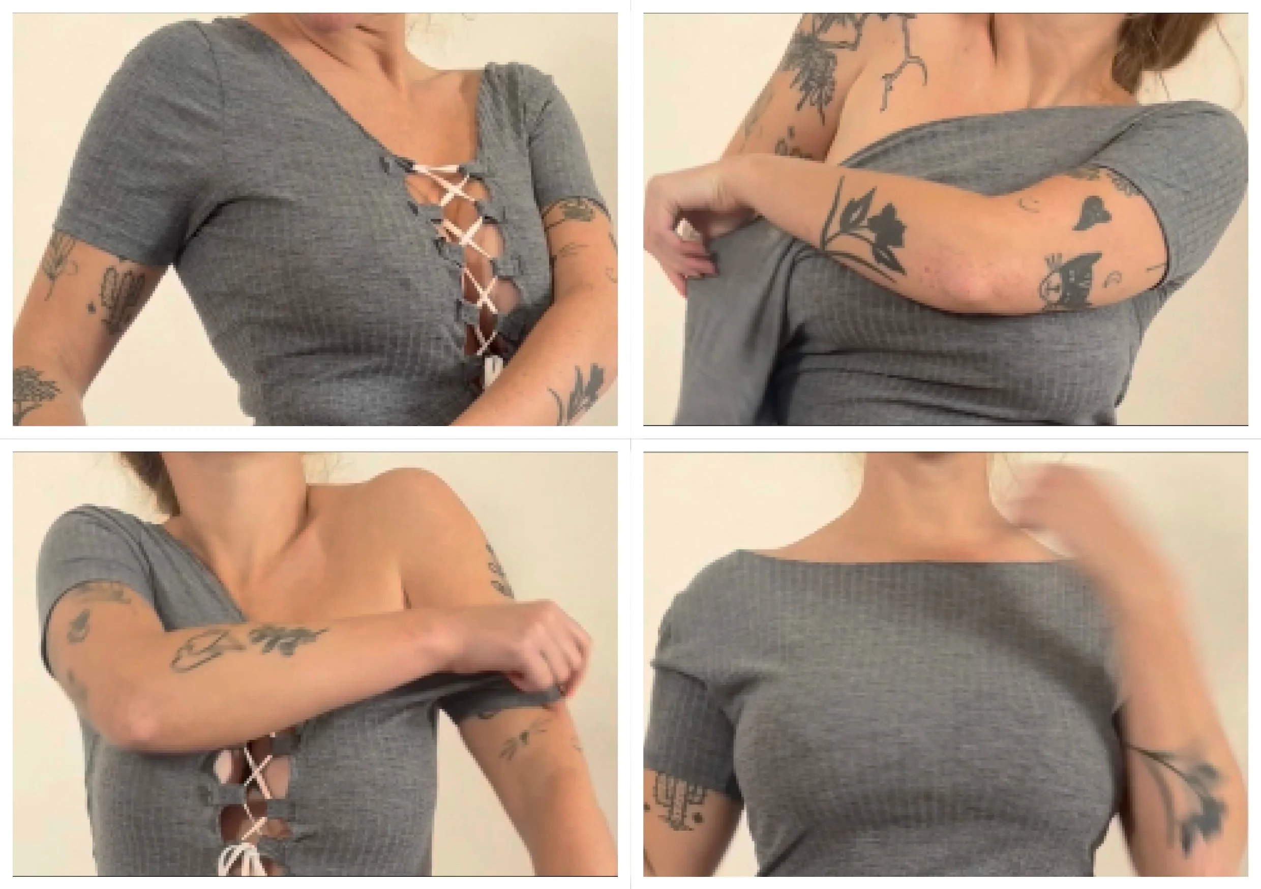 Collage de quatre photos d'une femme portant un haut gris avec des tatouages visibles sur ses bras, montrant différentes poses.