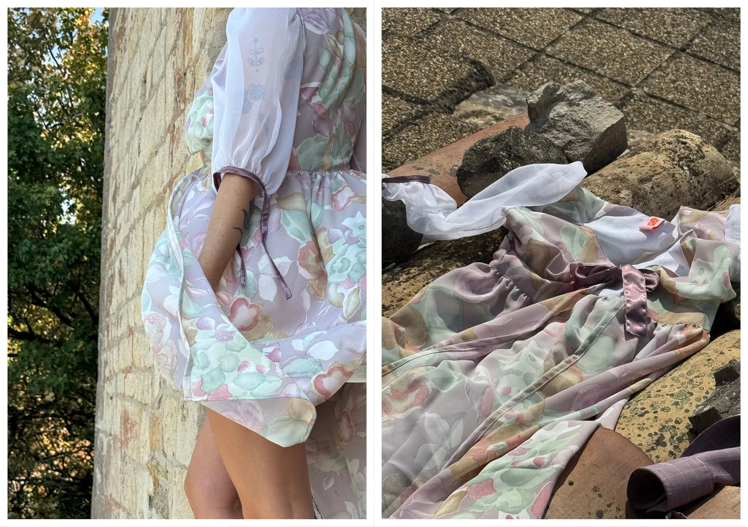 Une robe en coton avec un motif floral pastel, portée par une personne assise sur un muret en pierre, avec une peau claire et un tatouage sur le bras. À droite, la même robe est posée sur des pierres et des morceaux de bois, accompagnée d'une chemise