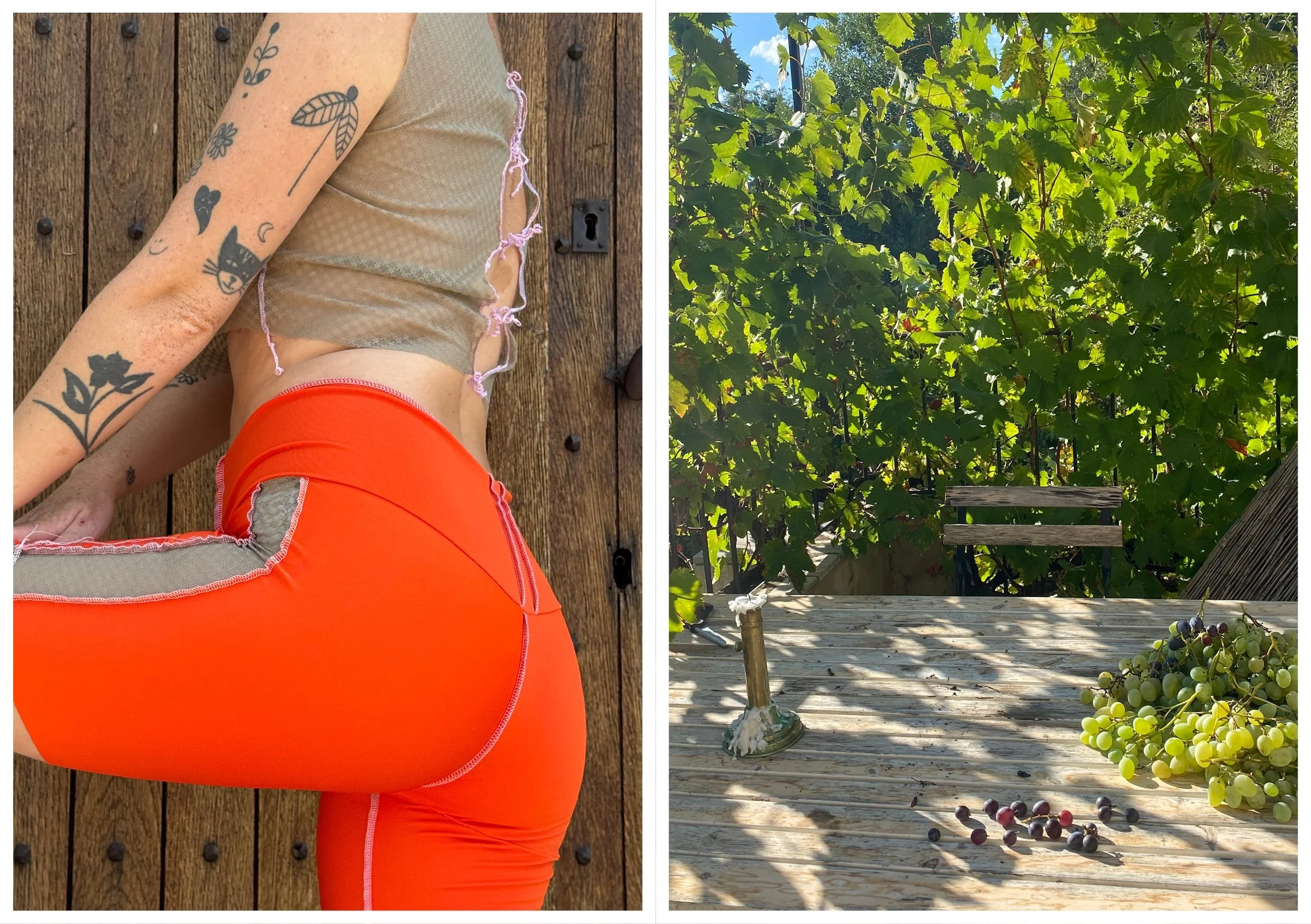 Une personne vue de côté, vêtue d'un haut beige en tissu transparent et d'un pantalon de sport orange, pose contre un mur en bois. À droite, un tableau en bois avec des grappes de raisins verts et noirs, et une forêt dense de feuilles vertes.