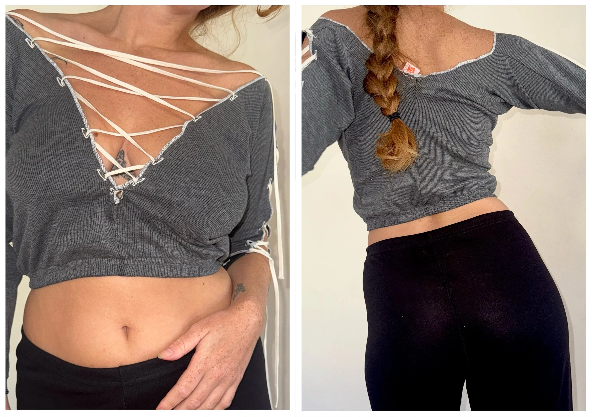 Deux femmes portent un haut gris à manches longues, une avec un décolleté lacé et l'autre avec une robe décontractée, toutes deux portant des pantalons noirs.