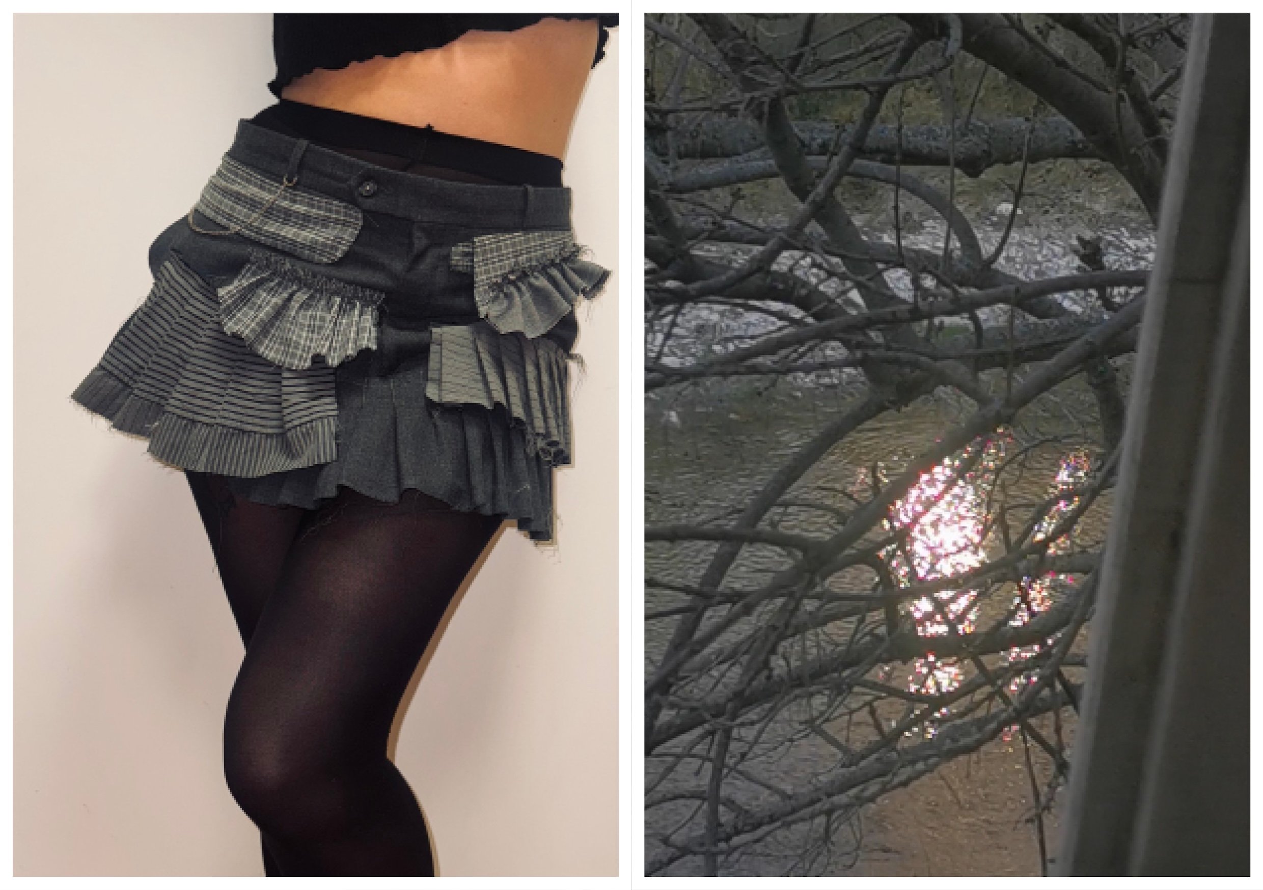 Photo divisée en deux parties: à gauche, une femme portant une jupe à plusieurs couches de plis en tissu à motifs gris et noir avec des collants noirs; à droite, une vue à travers une fenêtre montrant des branches d'arbre sans feuilles avec le soleil