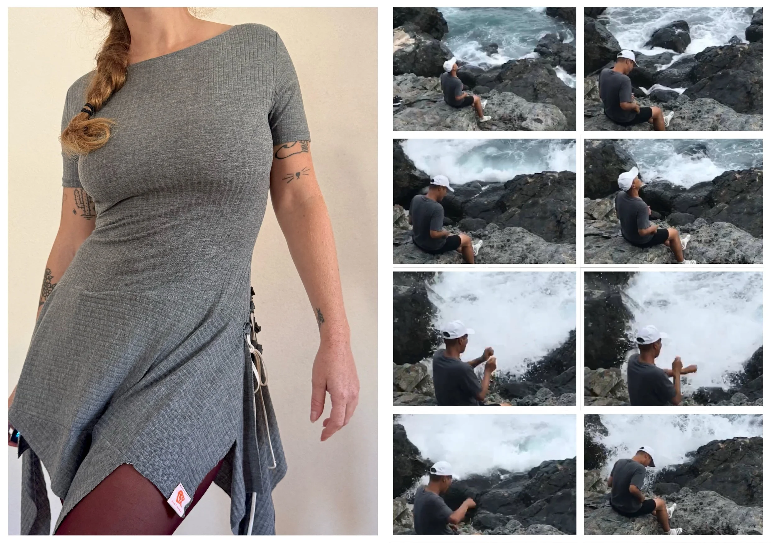 Une personne assise sur des rochers près de la mer, portant un T-shirt gris, un chapeau blanc, et regardant l'eau agitée. À gauche, une femme en robe grise à motif, montrant un bras tatoué, en gros plan.