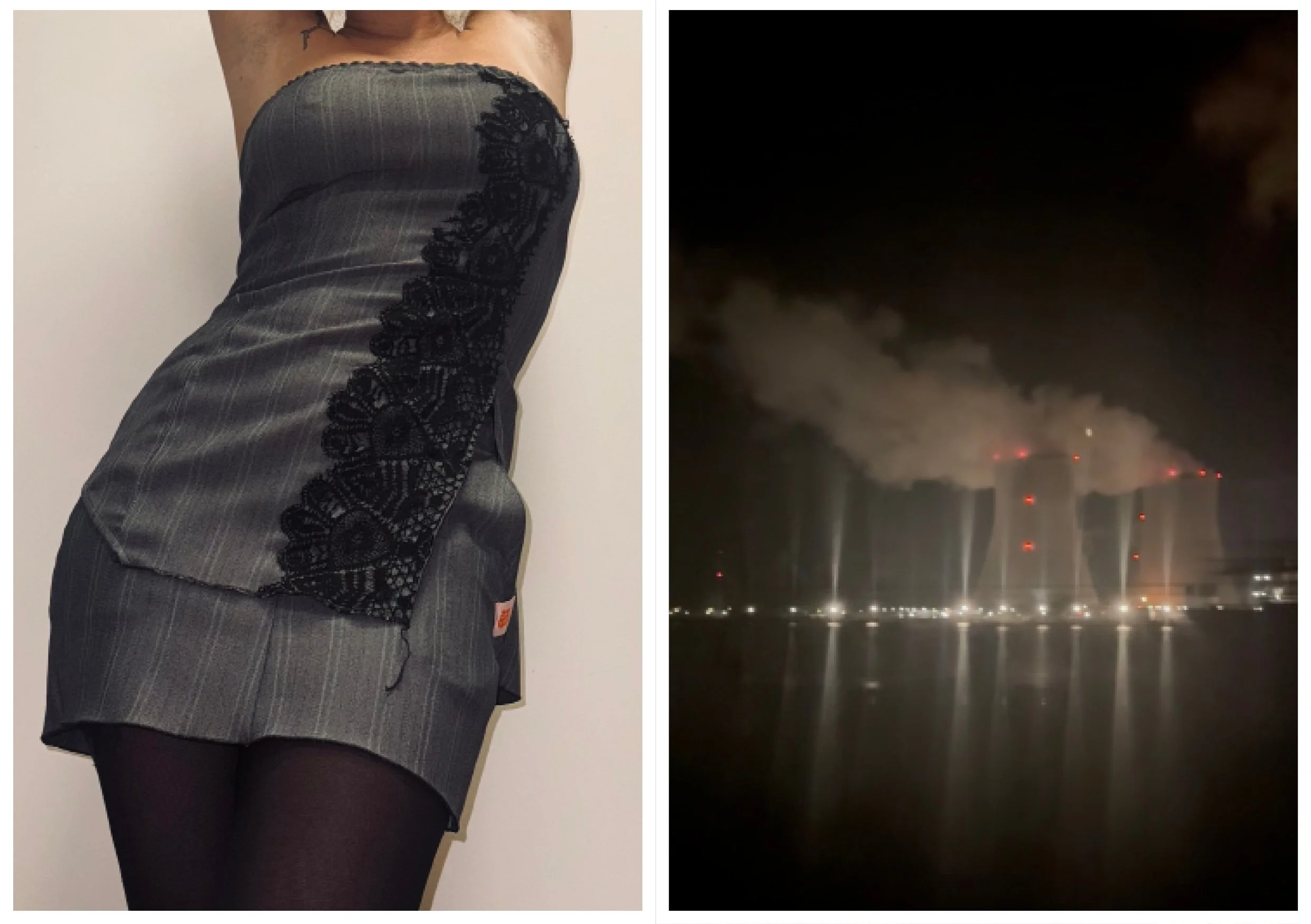 Côté gauche : une personne portant une robe noire avec des détails en dentelle, le haut de la robe est visible. Côté droit : une centrale électrique avec des émissions de fumée dans la nuit, avec de la vapeur ou de la fumée sortant des cheminées.