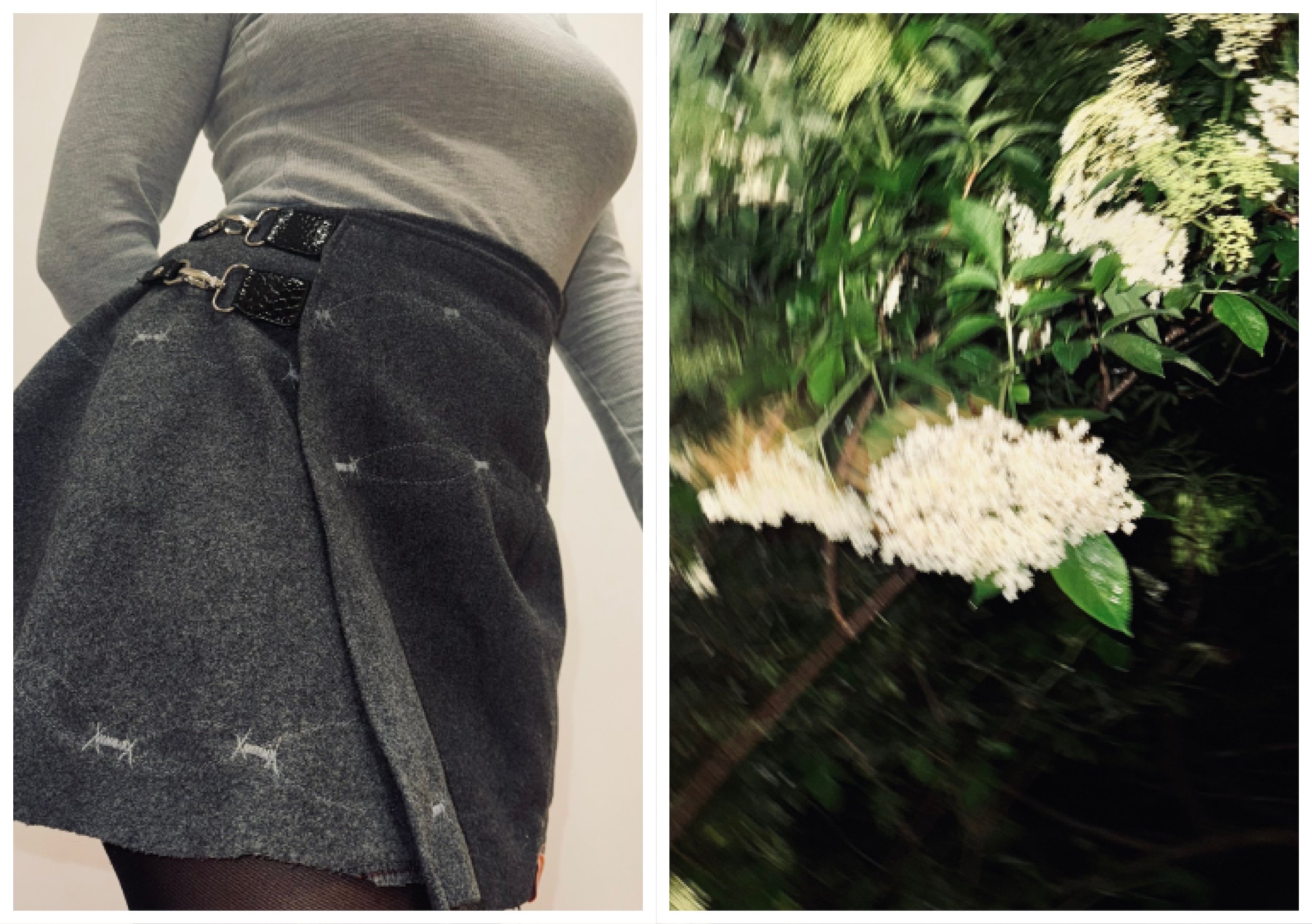 Une femme portant une jupe courte en laine grise avec une ceinture noir brillant, vue de bas en haut, à gauche. À droite, un bouquet de fleurs blanches dans un jardin vert dense.