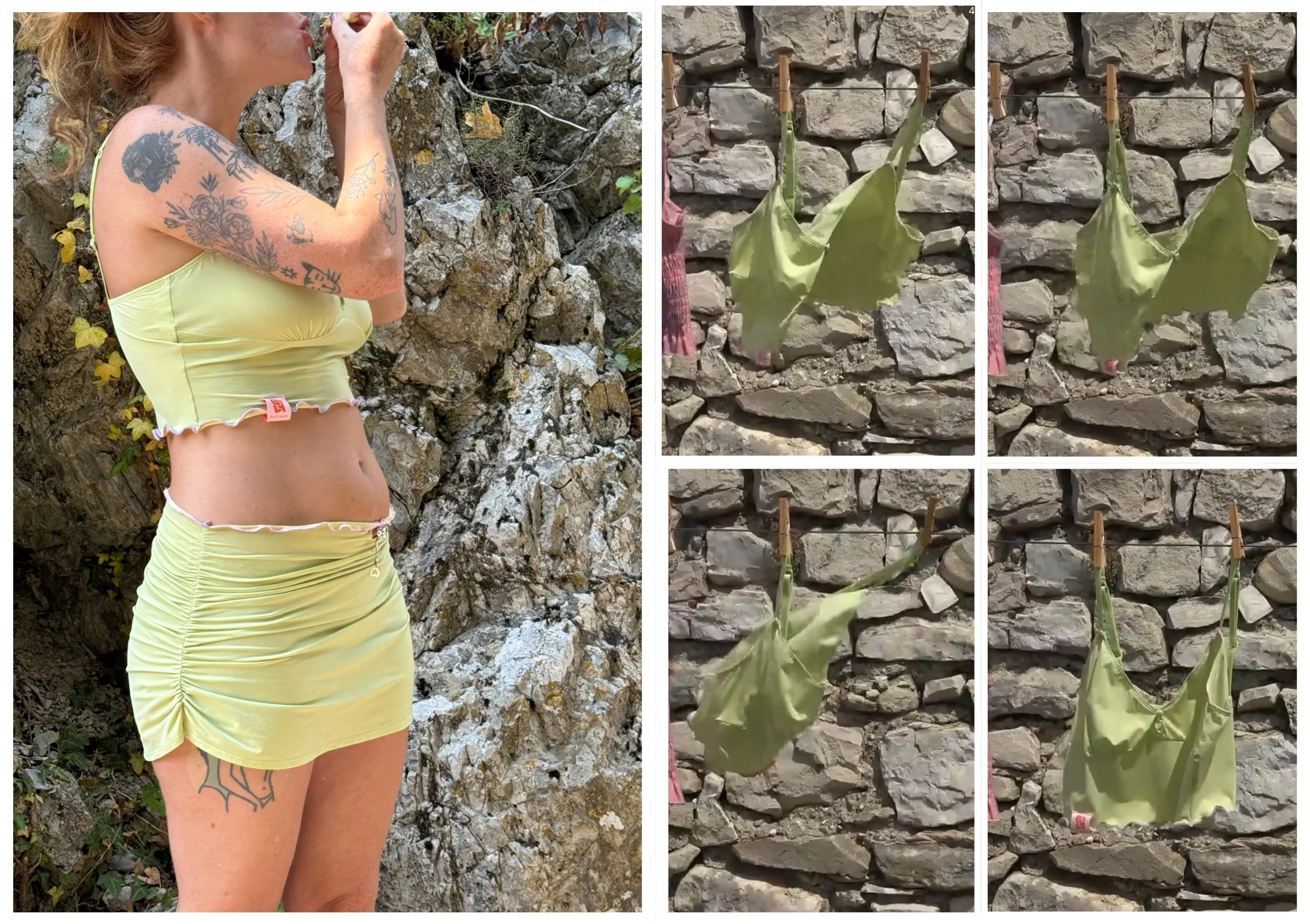 Une jeune femme avec des tatouages portant un haut et une jupe jaune pâle en cours d'essuyage, située à côté d'un mur de pierres. Sur le côté droit, une série de quatre images montre un sac vert suspendu à une corde, accroché en différentes positions