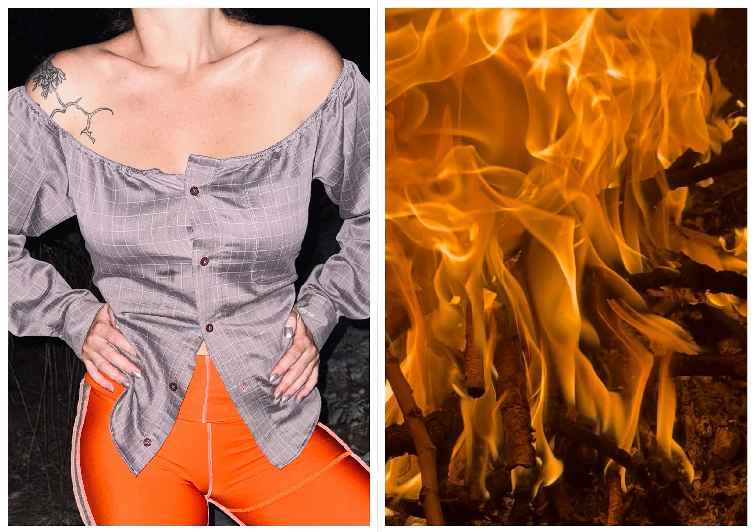 Côté gauche : une femme portant une chemise grise à carreaux entrouverte et un pantalon orange. Côté droit : des flammes oranges et jaunes sur des branches de bois brûlantes.