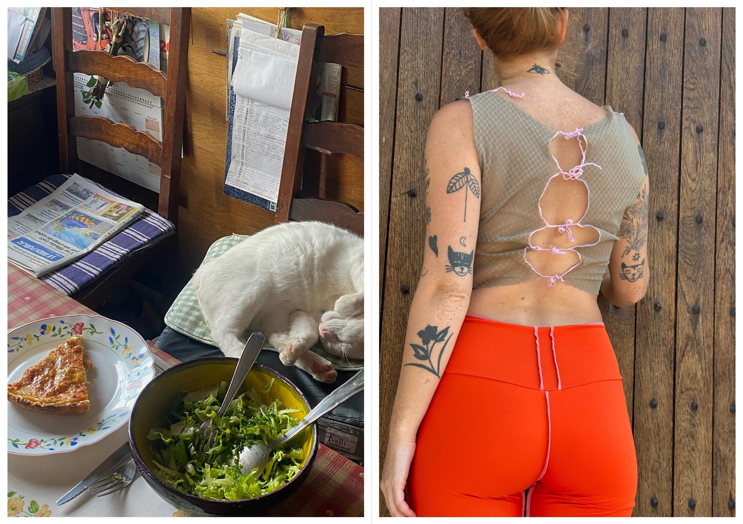 Gauche : Un chat blanc endormi sur une table à côté d'une assiette de tarte, une salade verte dans un bol et de la paperasse. Droite : Une femme vue de dos, portant un haut beige déchiré avec des lacets et un pantalon orange brillant, avec des tatoua