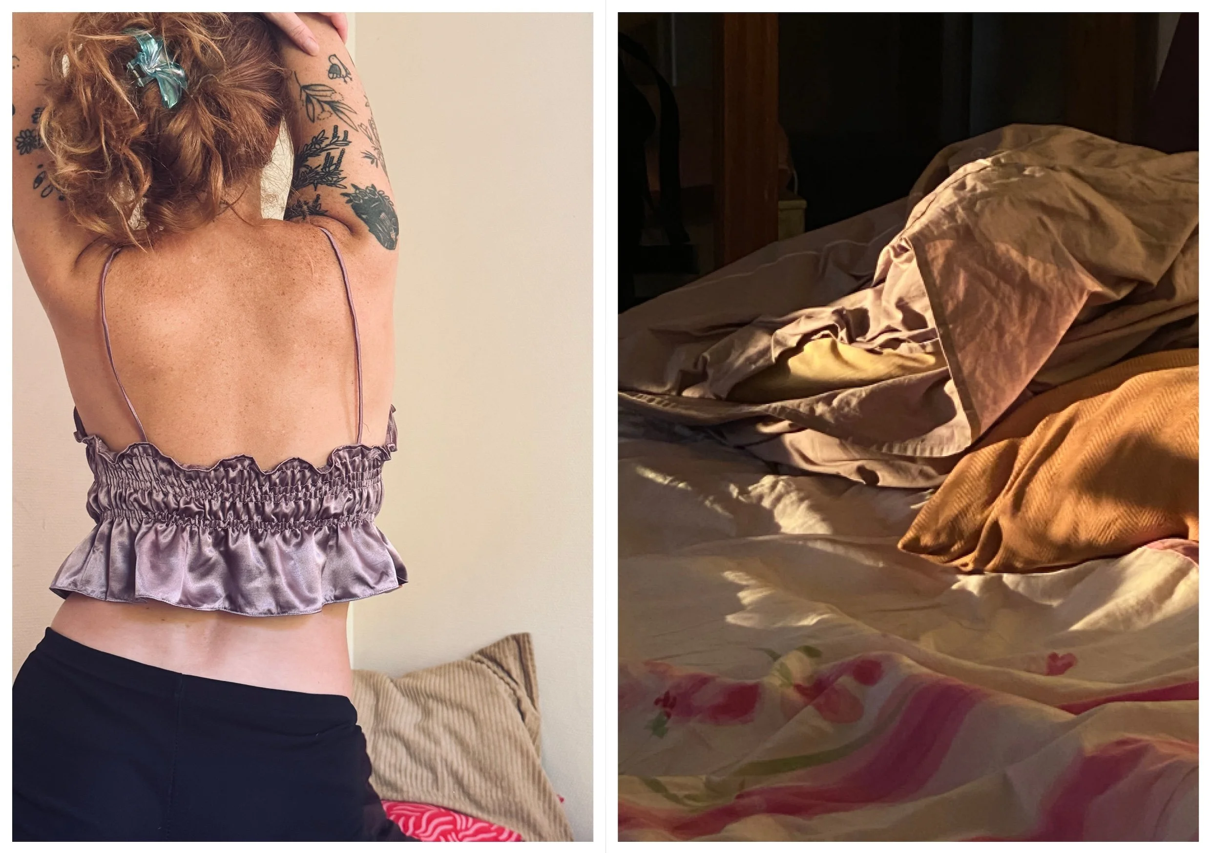 Une femme vue de dos avec des tatouages, portant une blouse violette satinée à blics et en sous-vêtements, se tenant avec les bras levés. À droite, un lit en désordre avec des draps froissés et des coussins.
