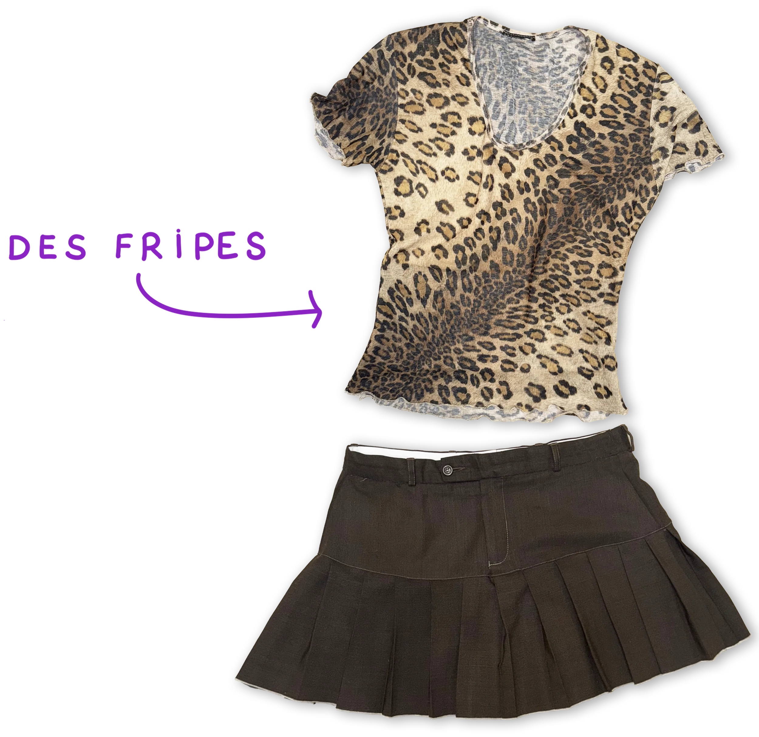 Une tenue composée d'un haut à imprimé léopard, à manches courtes avec des détails fripés, et d'une jupe plissée noire.