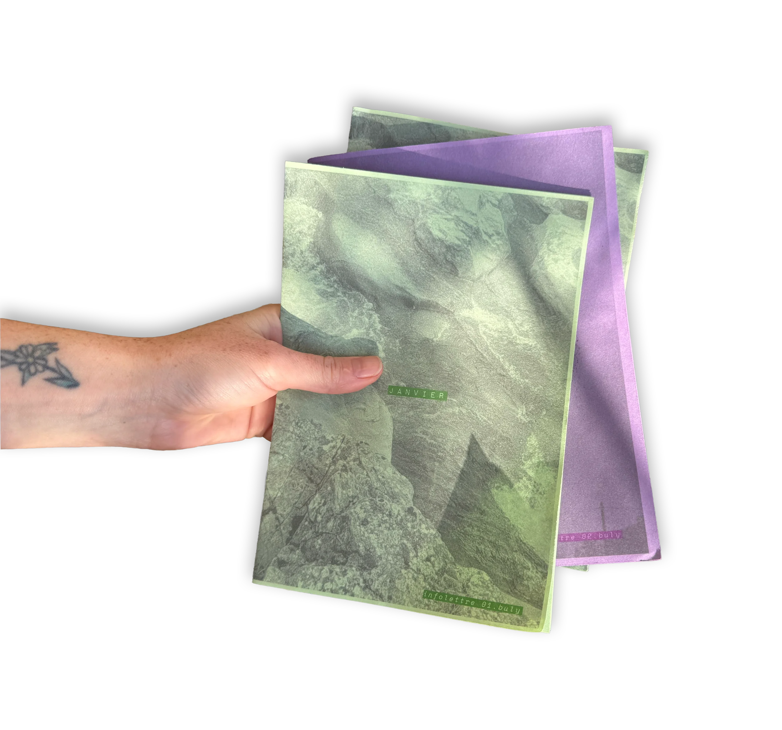 Une main tenant deux flyers transparents, l'un vert avec le mot 'Janvier' et l'autre violet, contre un fond noir.