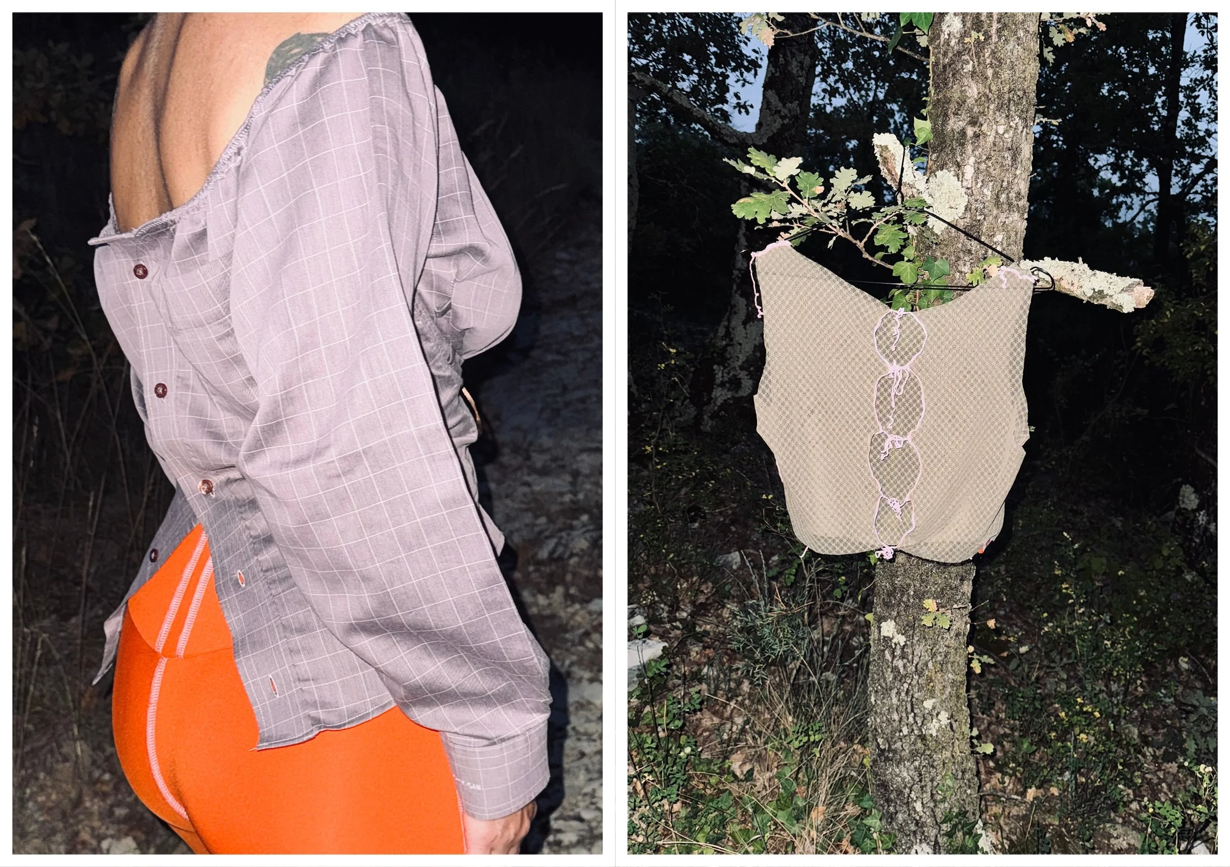 Photo d'une personne portant une chemise à carreaux violette et un pantalon orange, et une image d'un sac beige suspendu à un arbre en forêt.