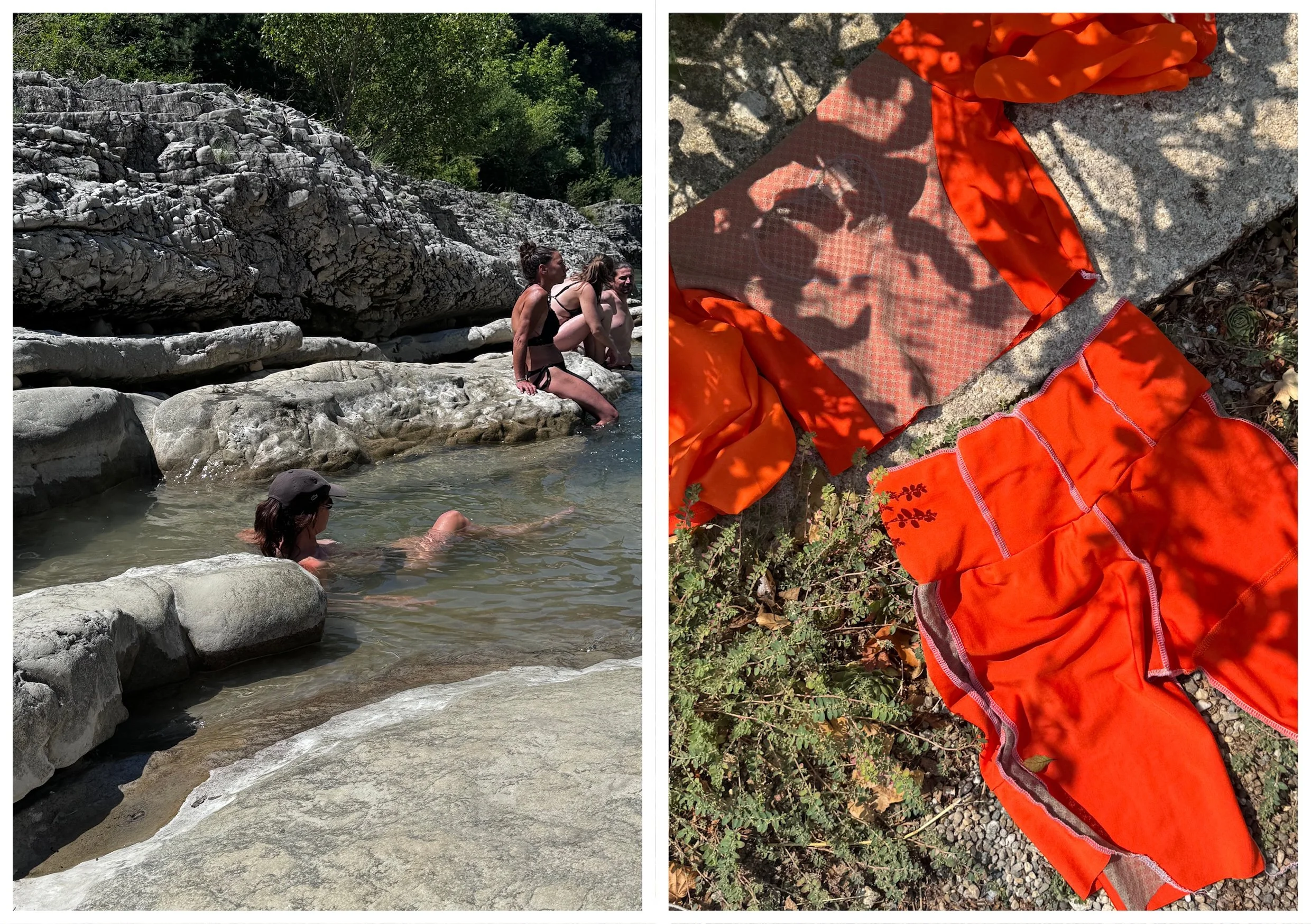Groupe de personnes se baignant dans une rivière rocheuse et un pantalon de course orange posé sur le sol avec des éclats de soleil au-dessus.