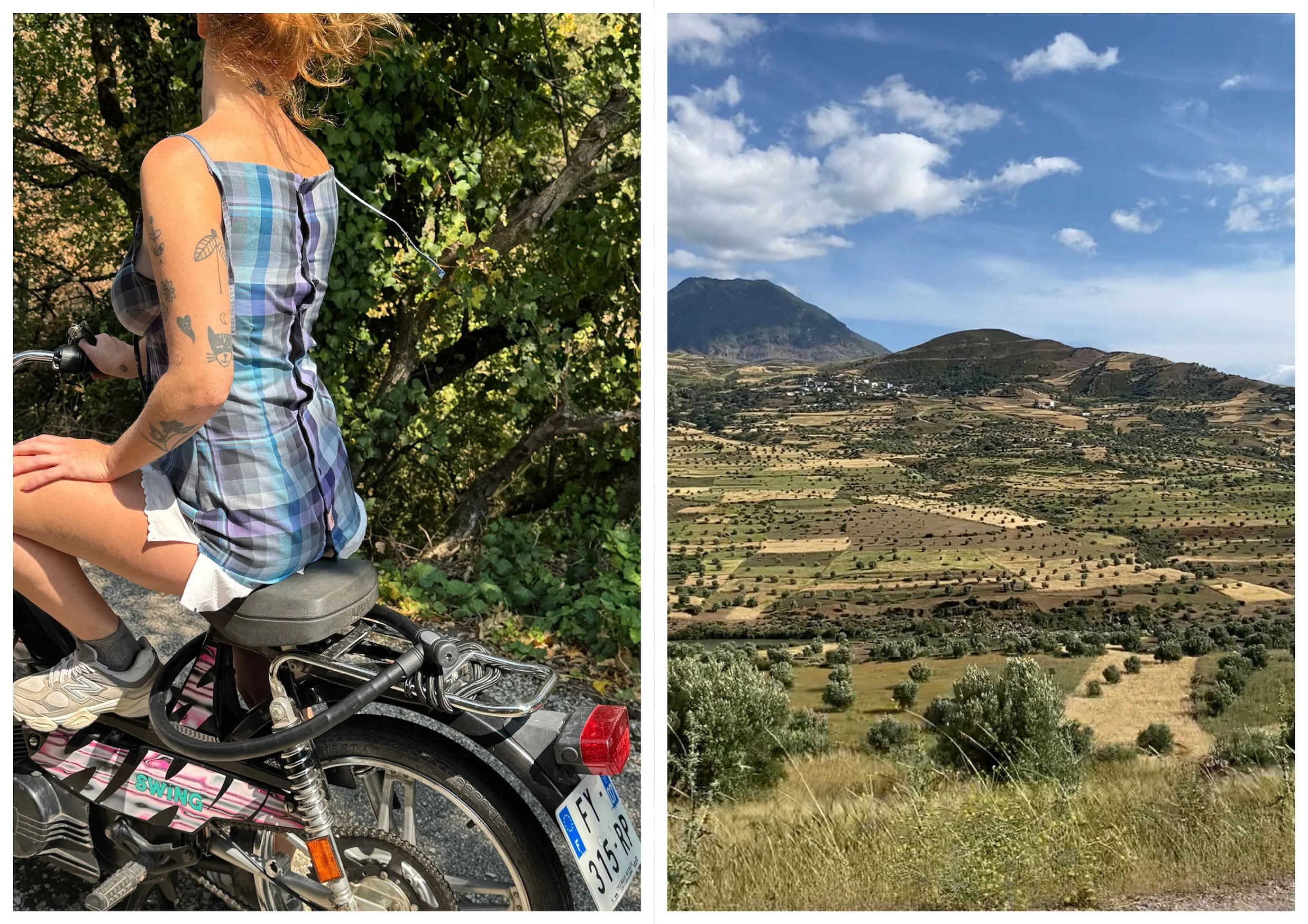 Une jeune femme portant un haut à carreaux assise sur une moto en plein air, entourée de végétation dense. À côté, un paysage de montagnes et de terres agricoles avec des champs, des arbres et un ciel partiellement nuageux.