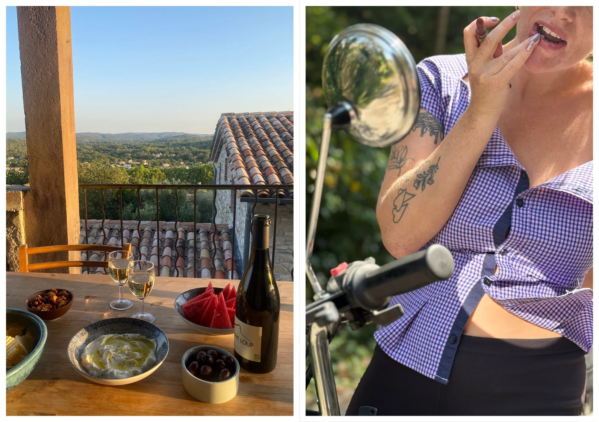 Gros plan d'une femme avec tatouages dégustant une cigarette, portant une chemise à carreaux violette et blanche, se trouvant à l'extérieur, avec un scooter.