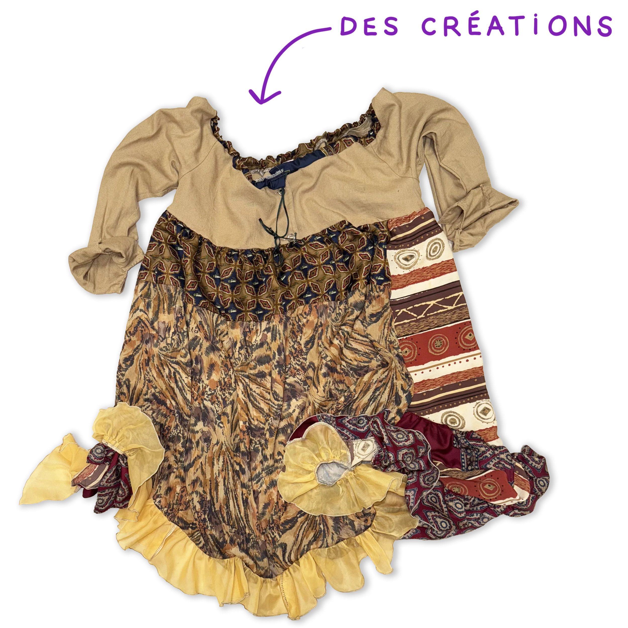 Une jupe de danse ou de costume folklorique avec des motifs colorés et une ceinture, accompagnée d'une blouse beige avec des manches longues, un col décoratif et un cordon de serrage, ainsi que des accessoires en tissu jaune avec des motifs colorés. Le fond est noir et il y a un texte en violet qui dit « DES GÉATIONS » avec une flèche pointant vers la jupe.