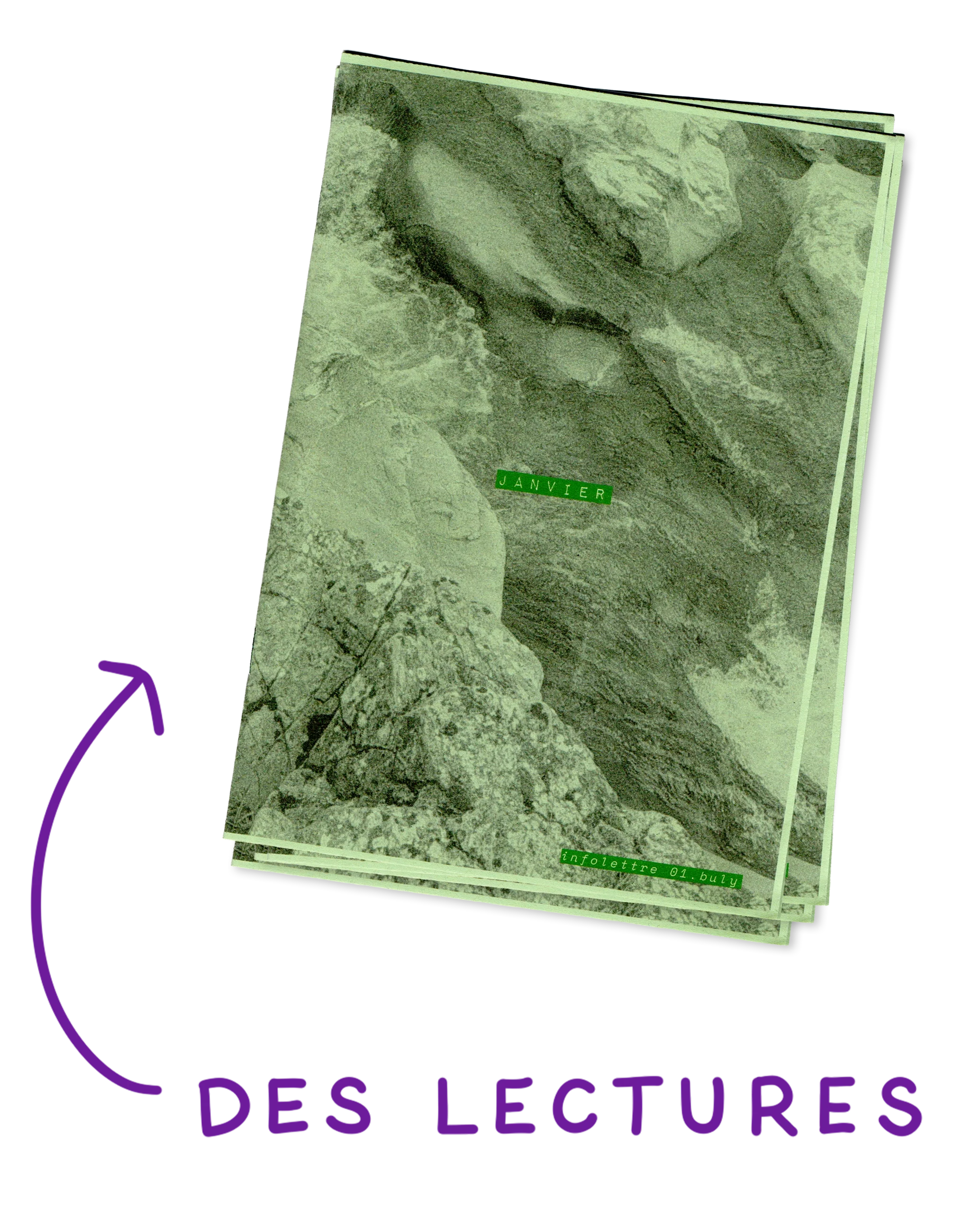 Une image de plusieurs flyers ou affiches empilés représentant un paysage rocheux ou montagneux avec le texte 'JANVIER' et 'infolettre 01_buzy'. Il y a une annotation en violet 'DES LECTURES' avec une flèche pointant vers les documents.