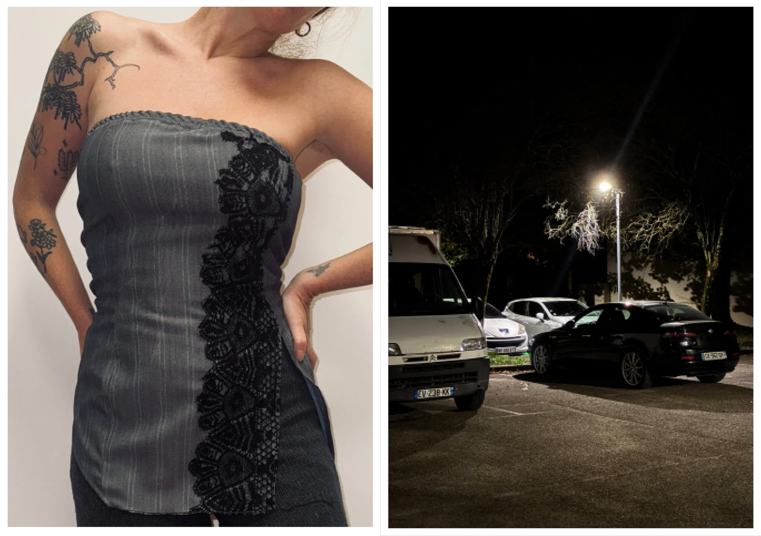 Photo d'une femme portant une robe moulante noire avec des broderies en dentelle et tatouages visibles sur son bras. Photo de nuit dans un parking avec des voitures et un lampadaire illuminant légèrement les arbres en arrière-plan.